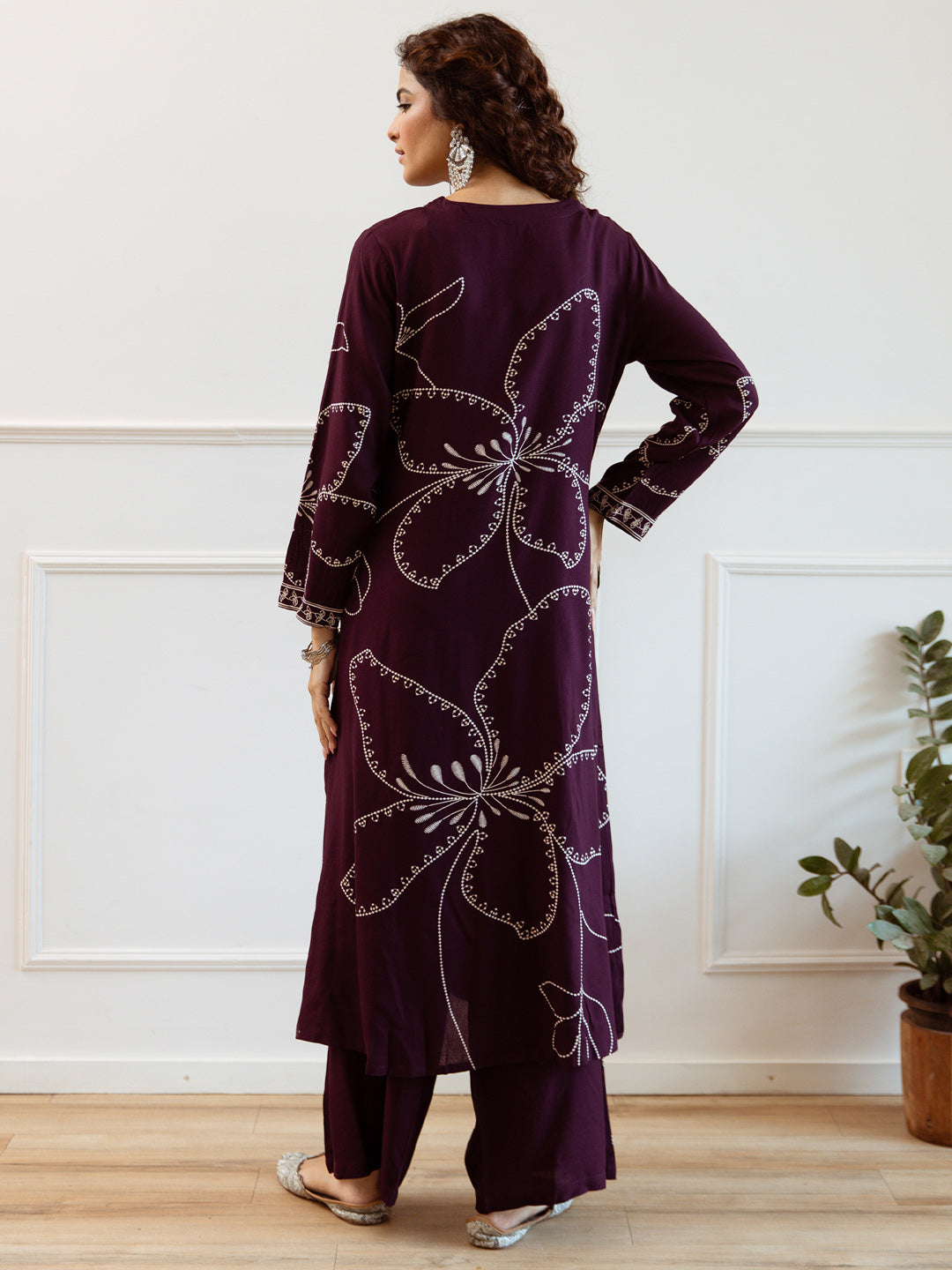 Indo Era Burgundy Printed Straight Kurta Trousers Set