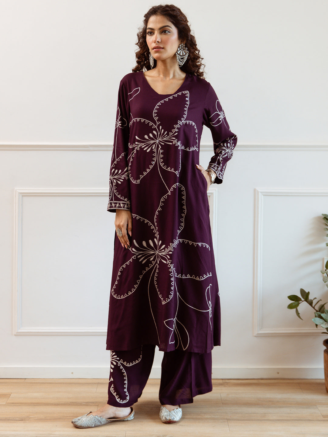 Indo Era Burgundy Printed Straight Kurta Trousers Set