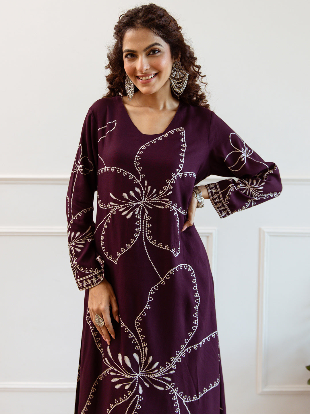 Indo Era Burgundy Printed Straight Kurta Trousers Set