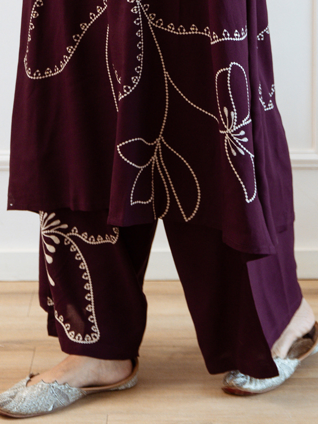 Indo Era Burgundy Printed Straight Kurta Trousers Set