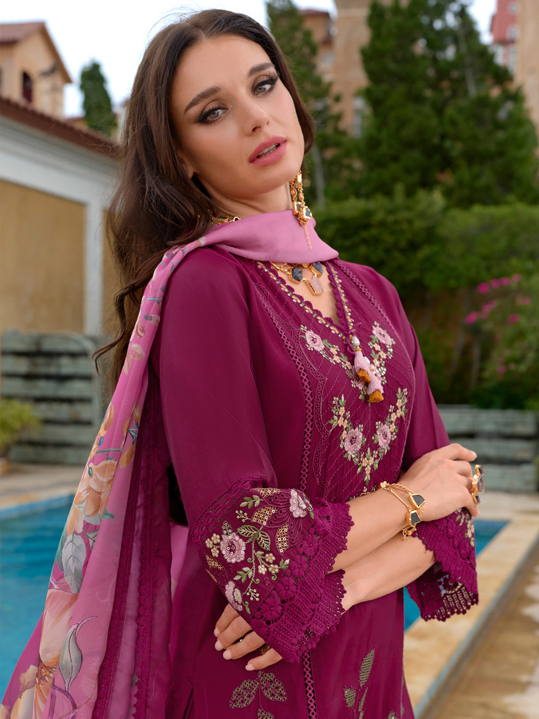 Indo Era Burgundy Embroidered Straight Kurta Trousers With Dupatta Set