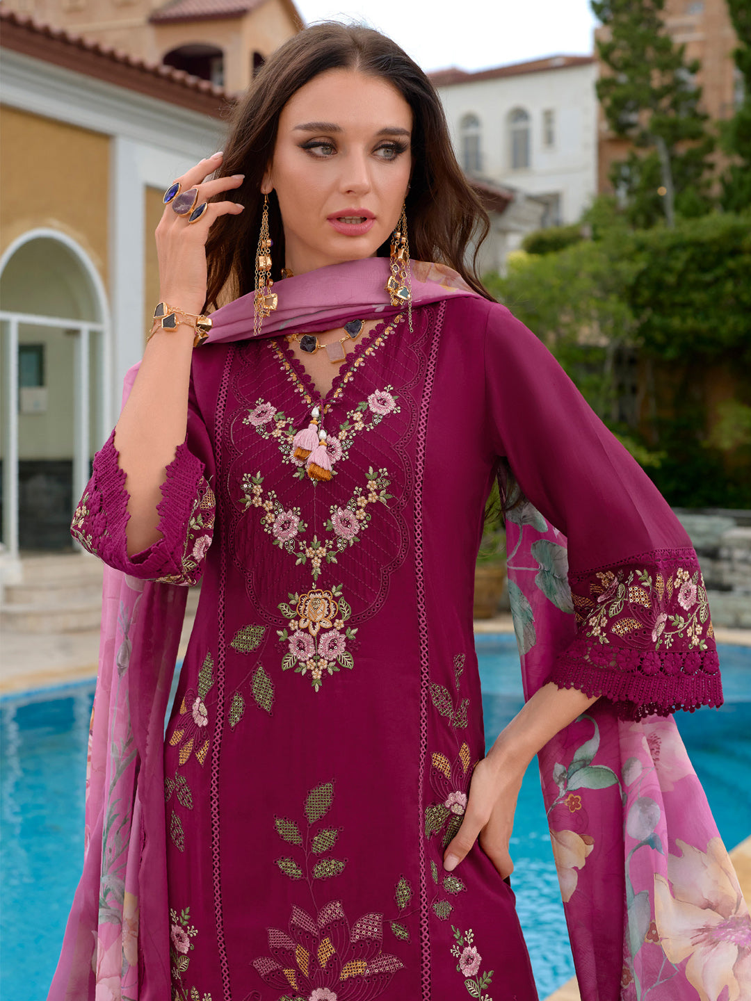Indo Era Burgundy Embroidered Straight Kurta Trousers With Dupatta Set