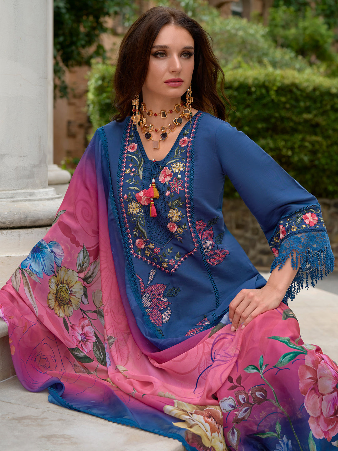 Indo Era Blue Embroidered Straight Kurta Trousers With Dupatta Set