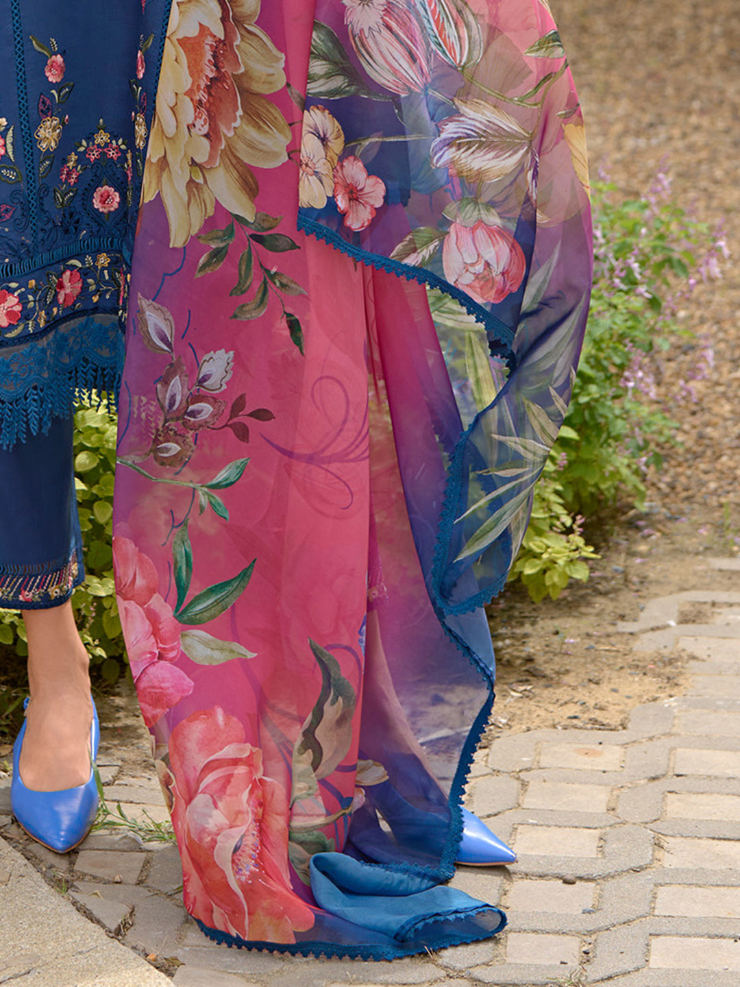 Indo Era Blue Embroidered Straight Kurta Trousers With Dupatta Set