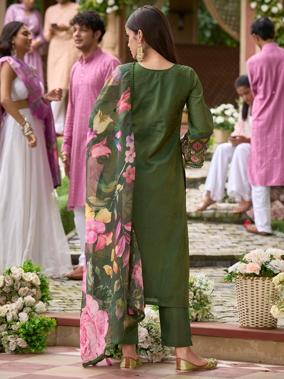 Indo Era Green Embroidered Straight Kurta Trousers With Dupatta Set