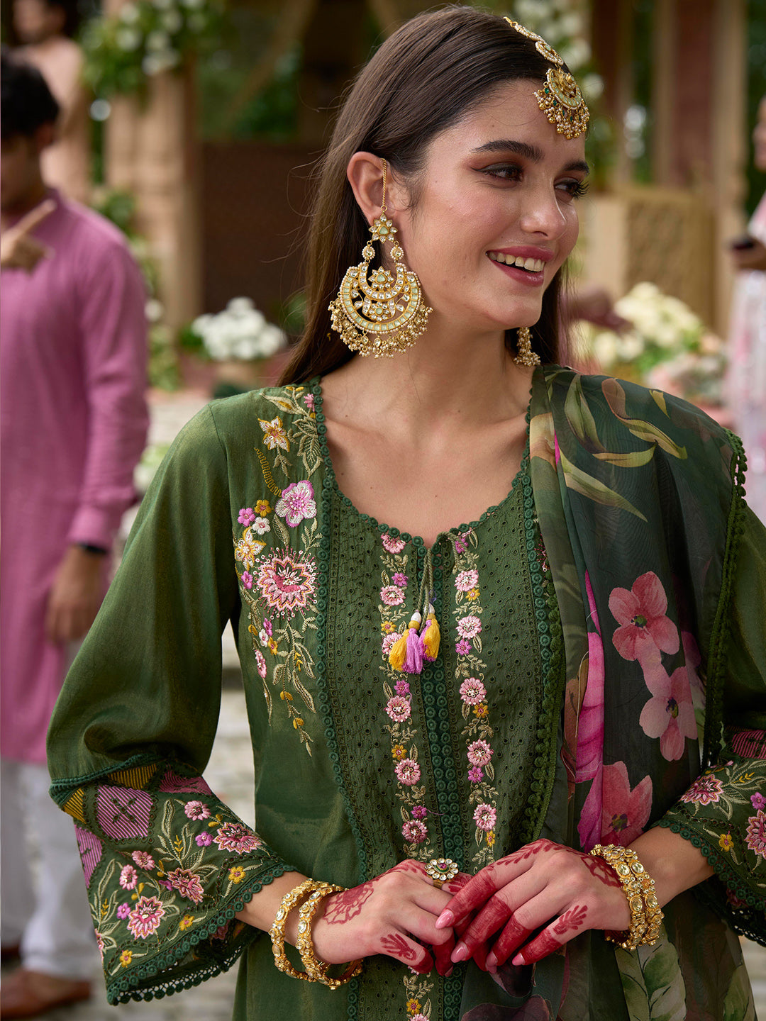 Indo Era Green Embroidered Straight Kurta Trousers With Dupatta Set