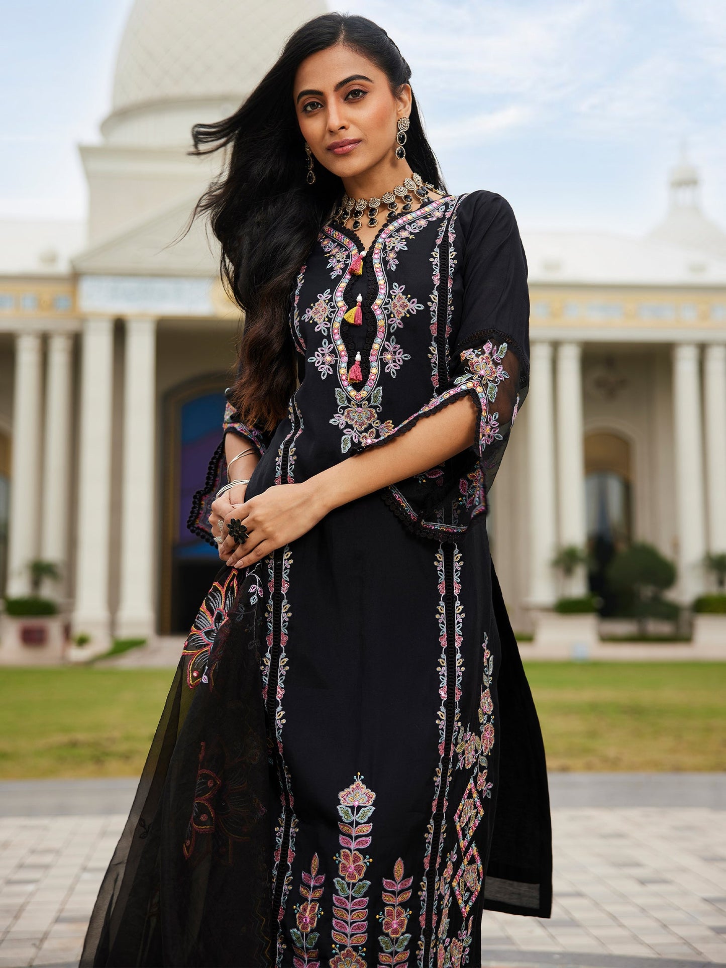 Indo Era Black Embroidered Straight Kurta Trousers With Dupatta set