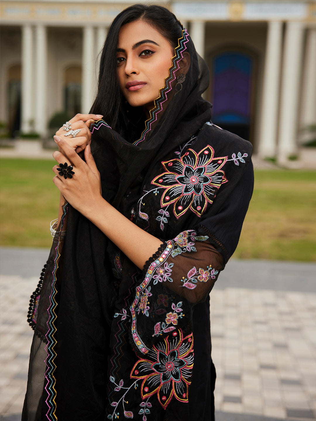 Indo Era Black Embroidered Straight Kurta Trousers With Dupatta set