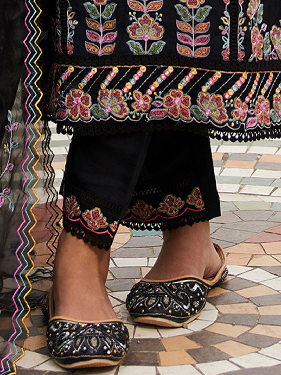 Indo Era Black Embroidered Straight Kurta Trousers With Dupatta set