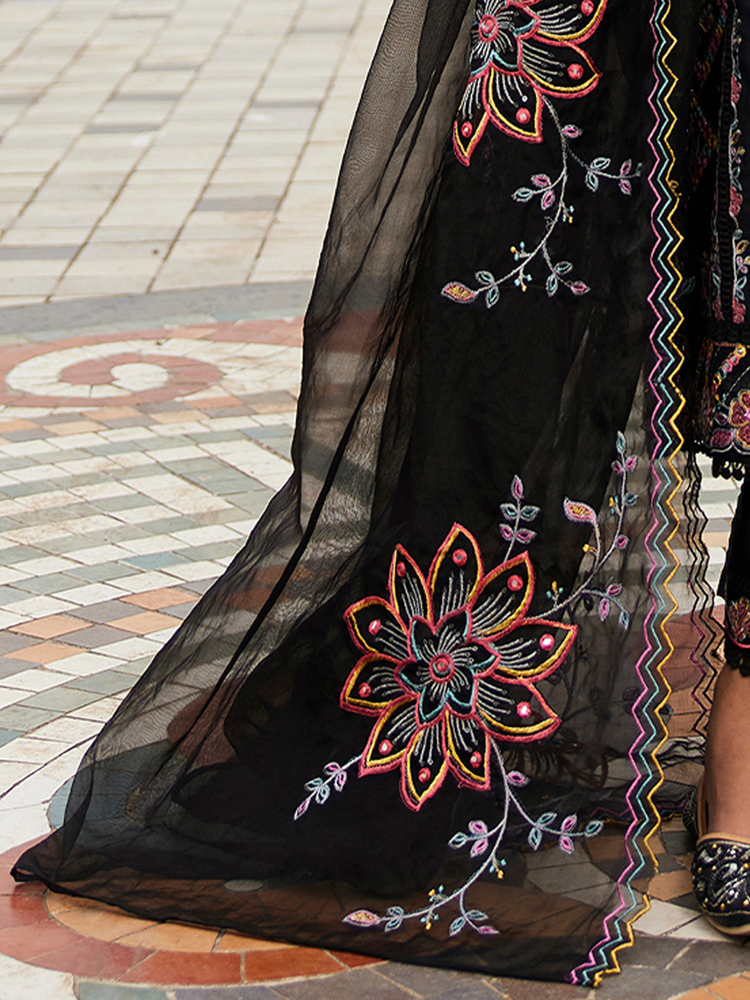 Indo Era Black Embroidered Straight Kurta Trousers With Dupatta set