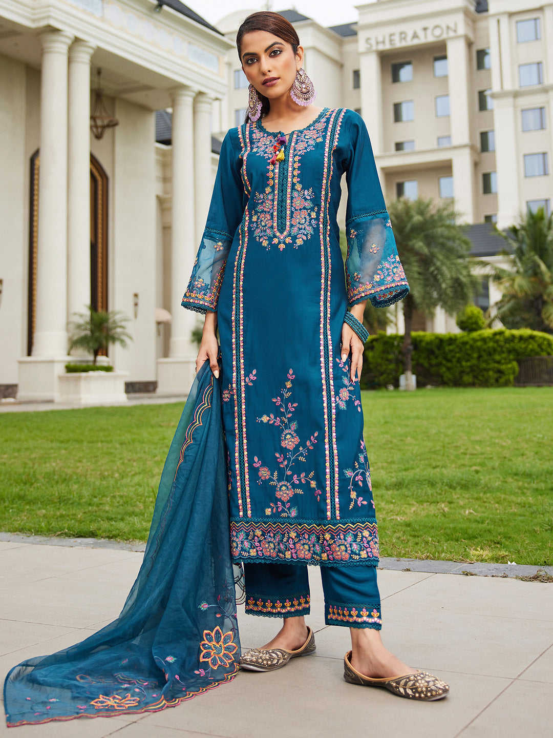 Indo Era Blue Embroidered Straight Kurta Trousers With Dupatta set