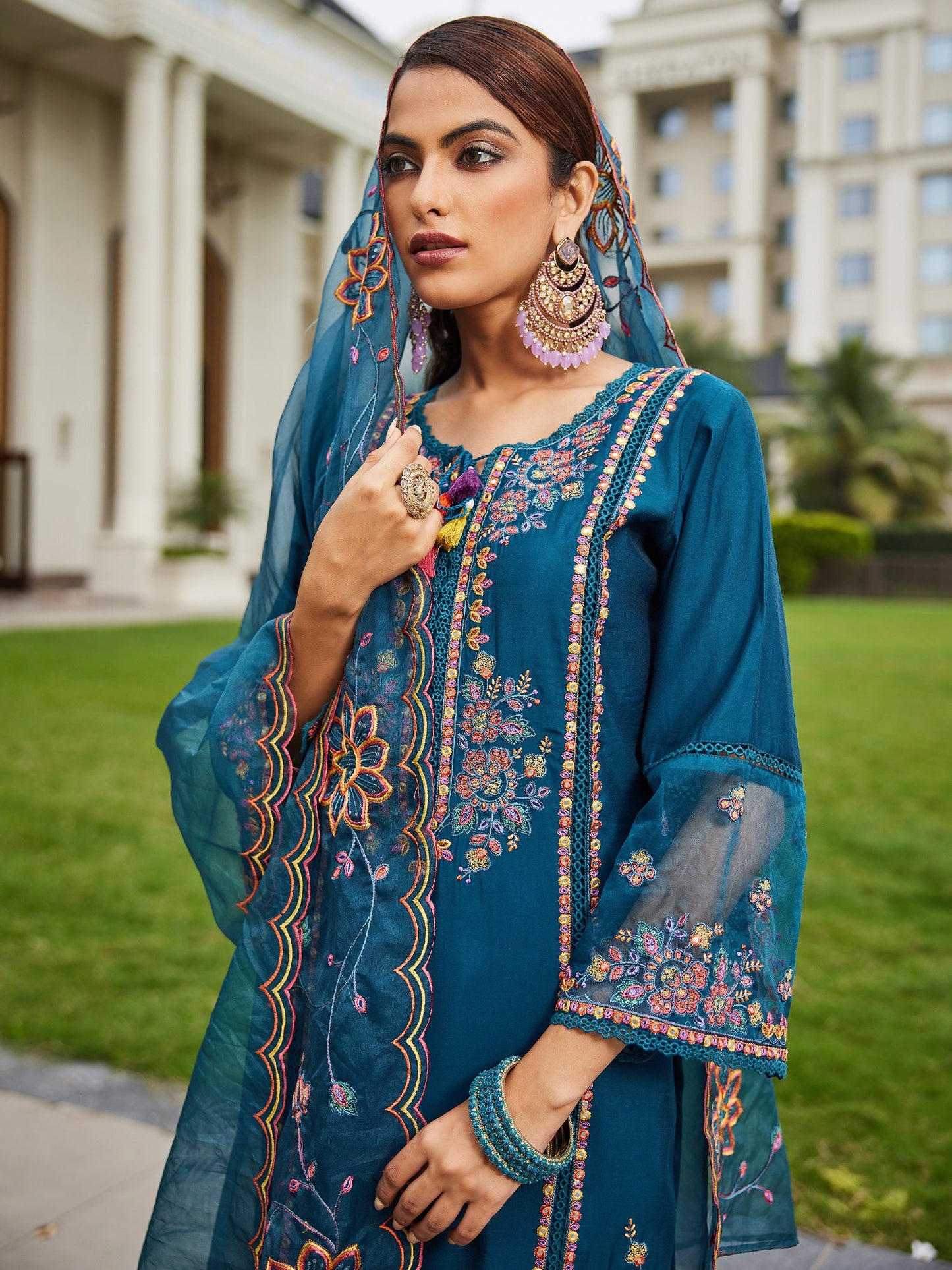Indo Era Blue Embroidered Straight Kurta Trousers With Dupatta set