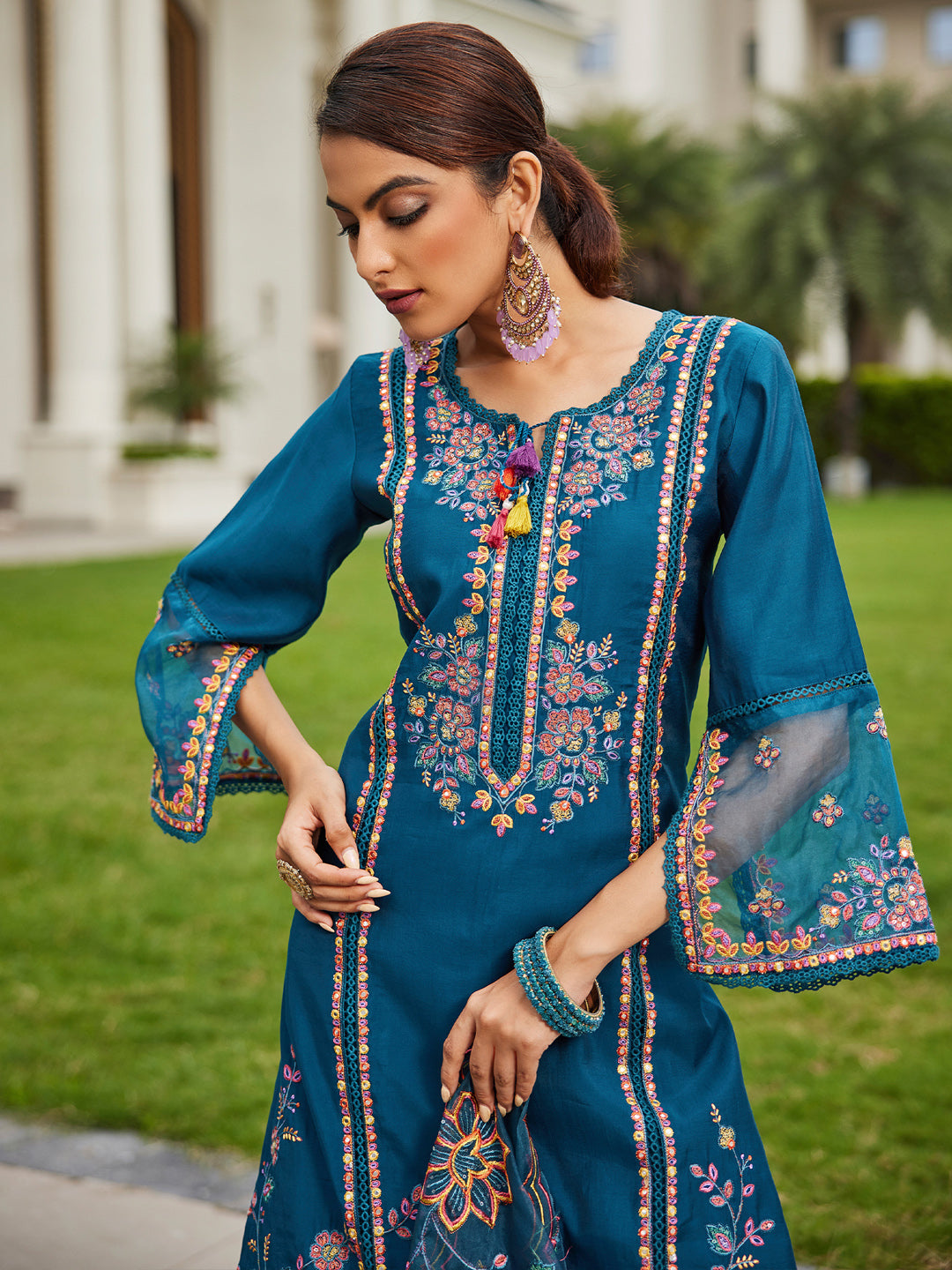 Indo Era Blue Embroidered Straight Kurta Trousers With Dupatta set