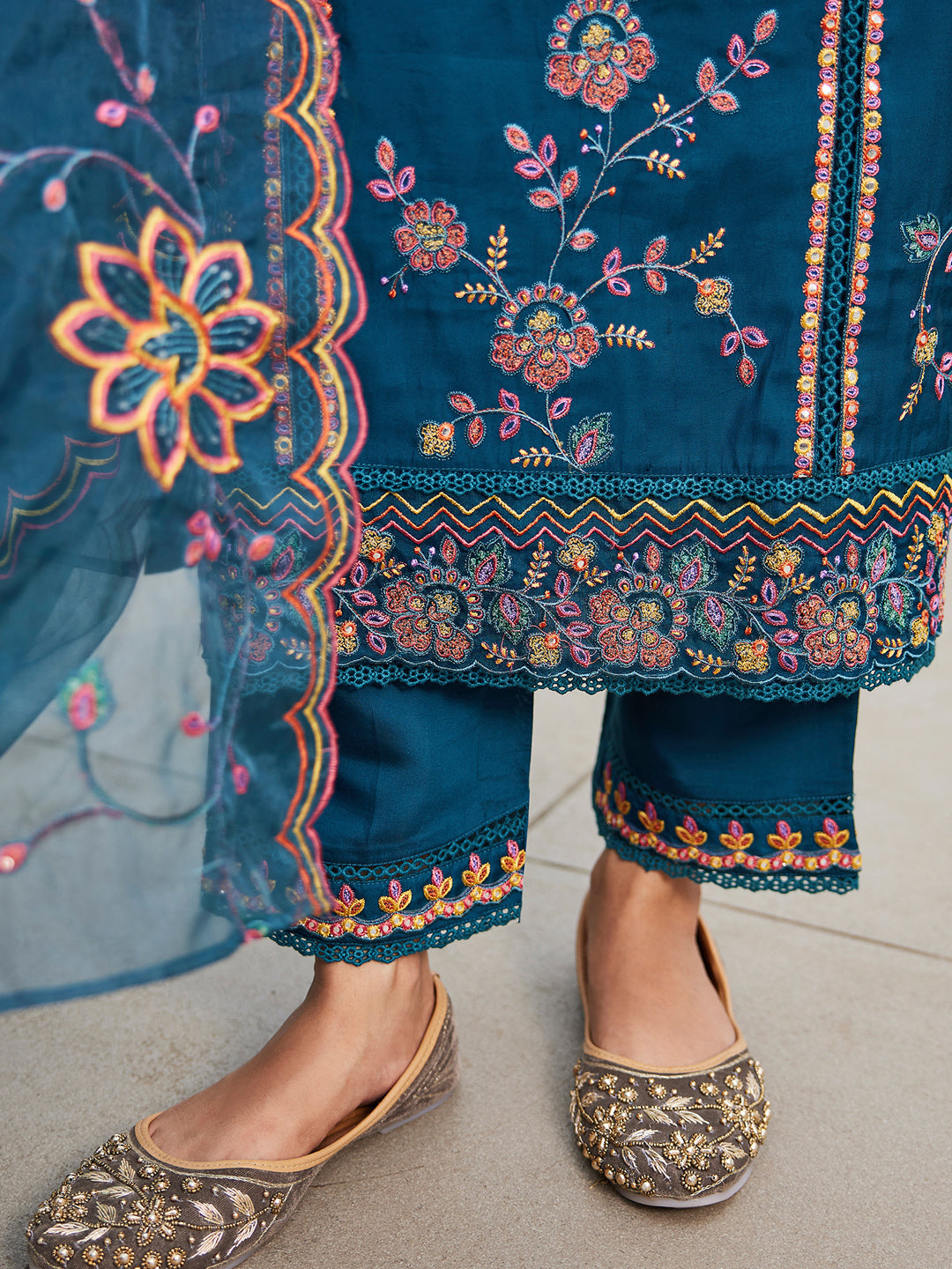 Indo Era Blue Embroidered Straight Kurta Trousers With Dupatta set