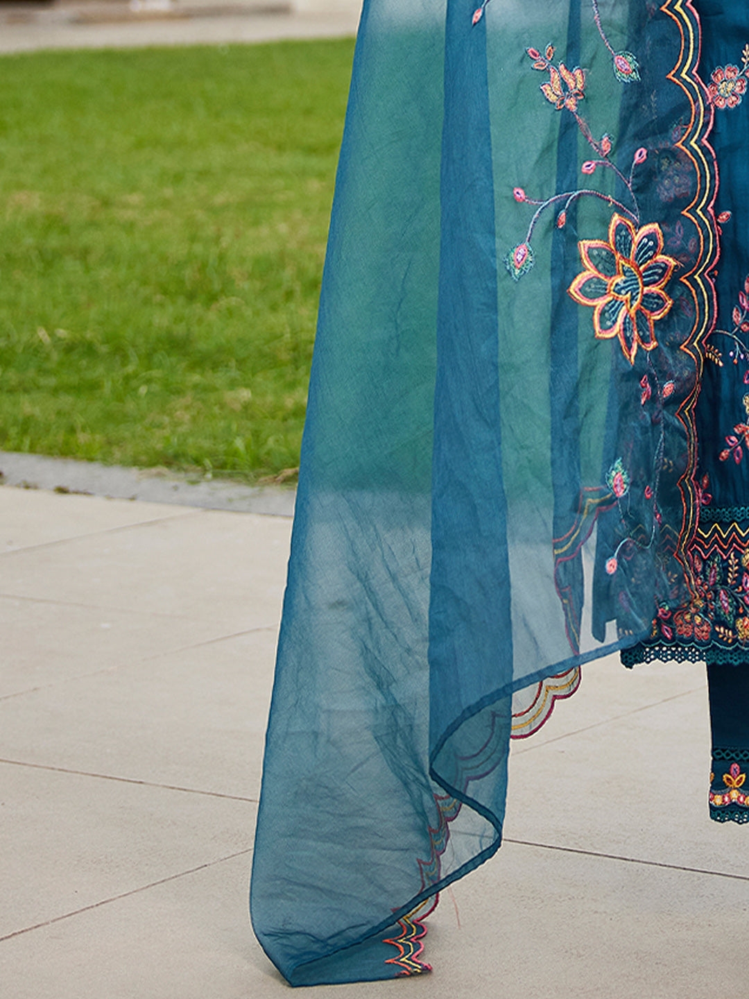 Indo Era Blue Embroidered Straight Kurta Trousers With Dupatta set