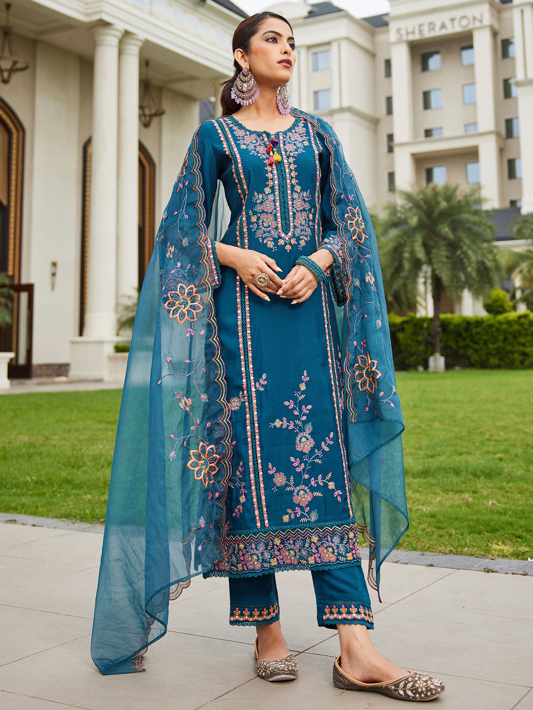 Indo Era Blue Embroidered Straight Kurta Trousers With Dupatta set