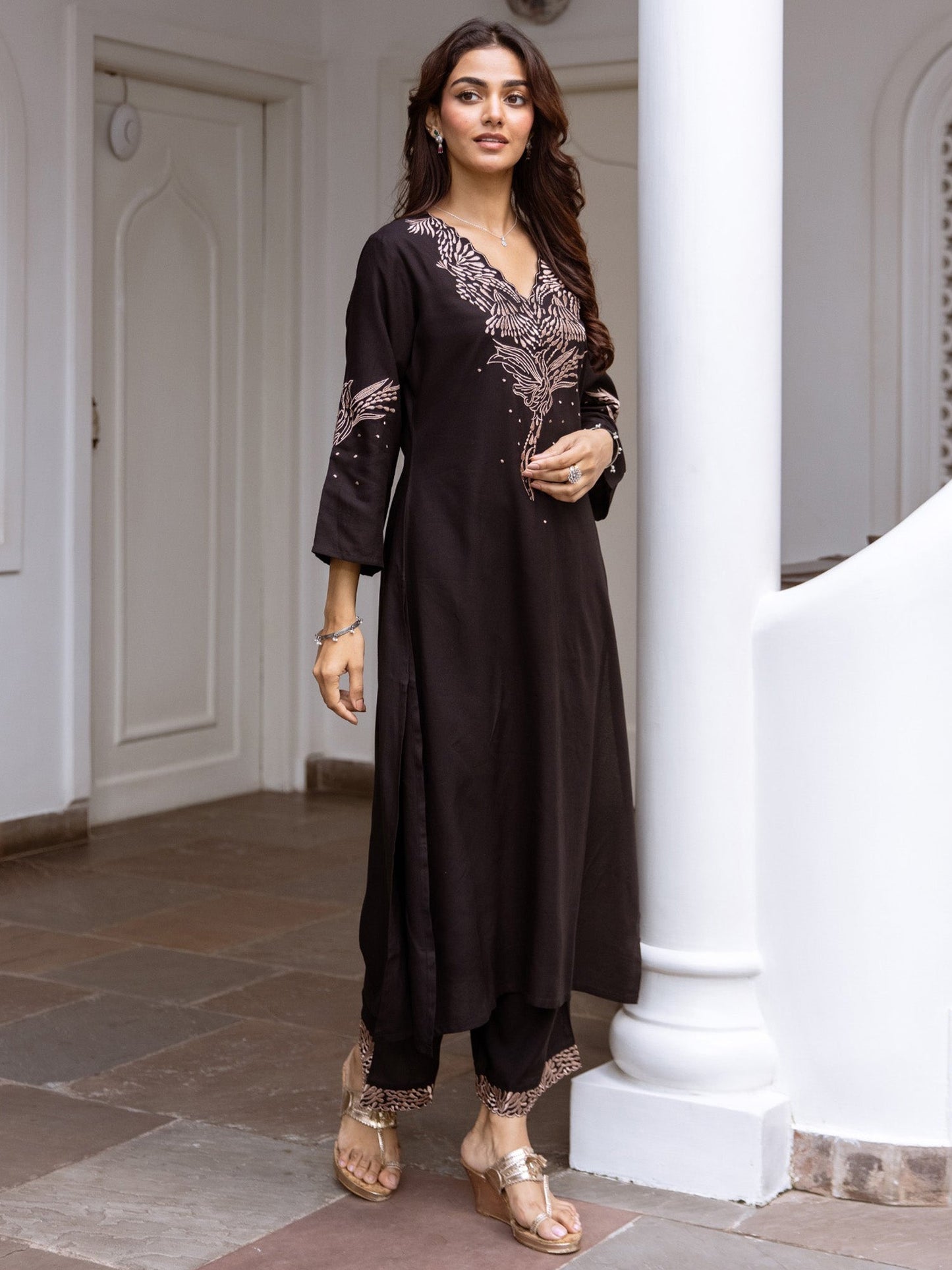 Black Embroidered A-Line Kurta Trousers Set