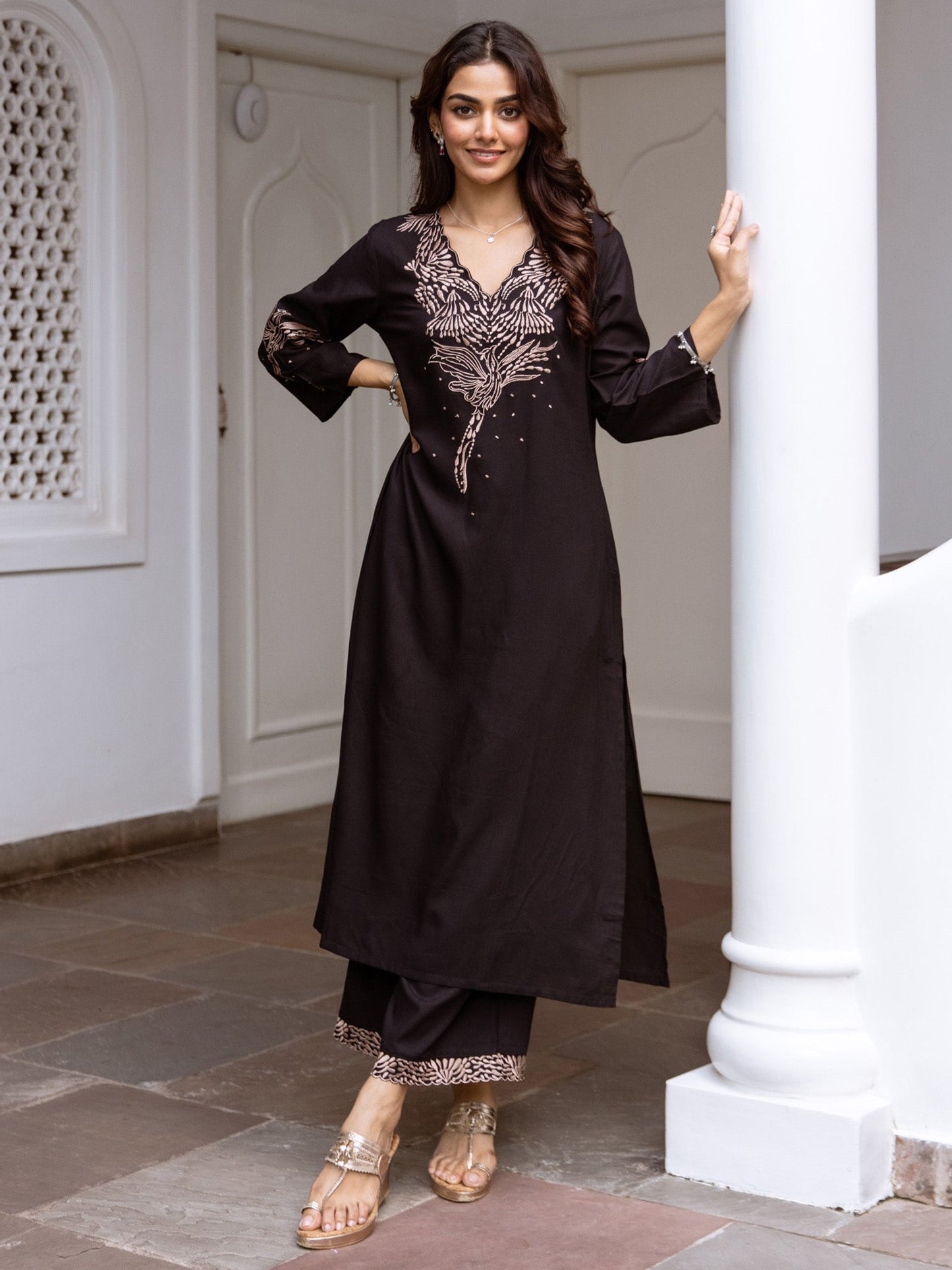 Black Embroidered A-Line Kurta Trousers Set