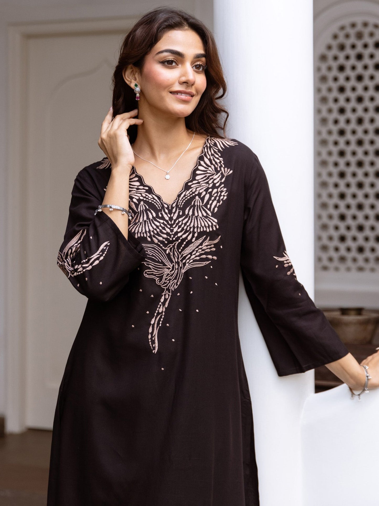 Black Embroidered A-Line Kurta Trousers Set