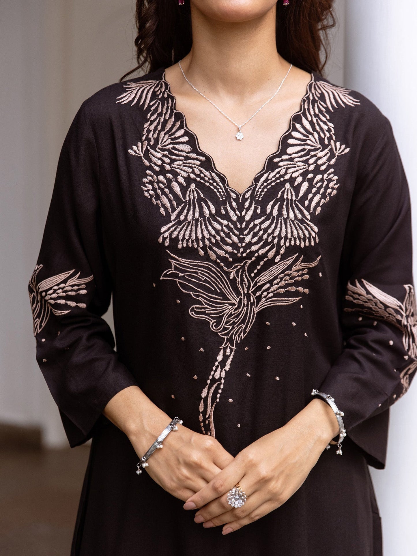 Black Embroidered A-Line Kurta Trousers Set