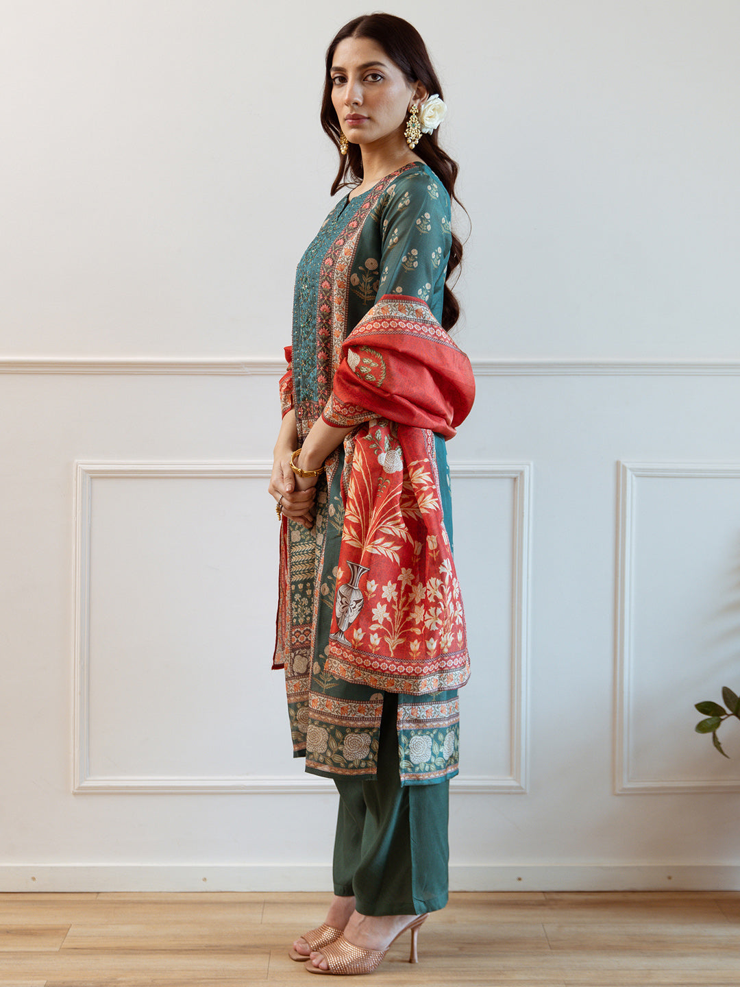Green Printed Straight Kurta Trousers With Dupatta Set