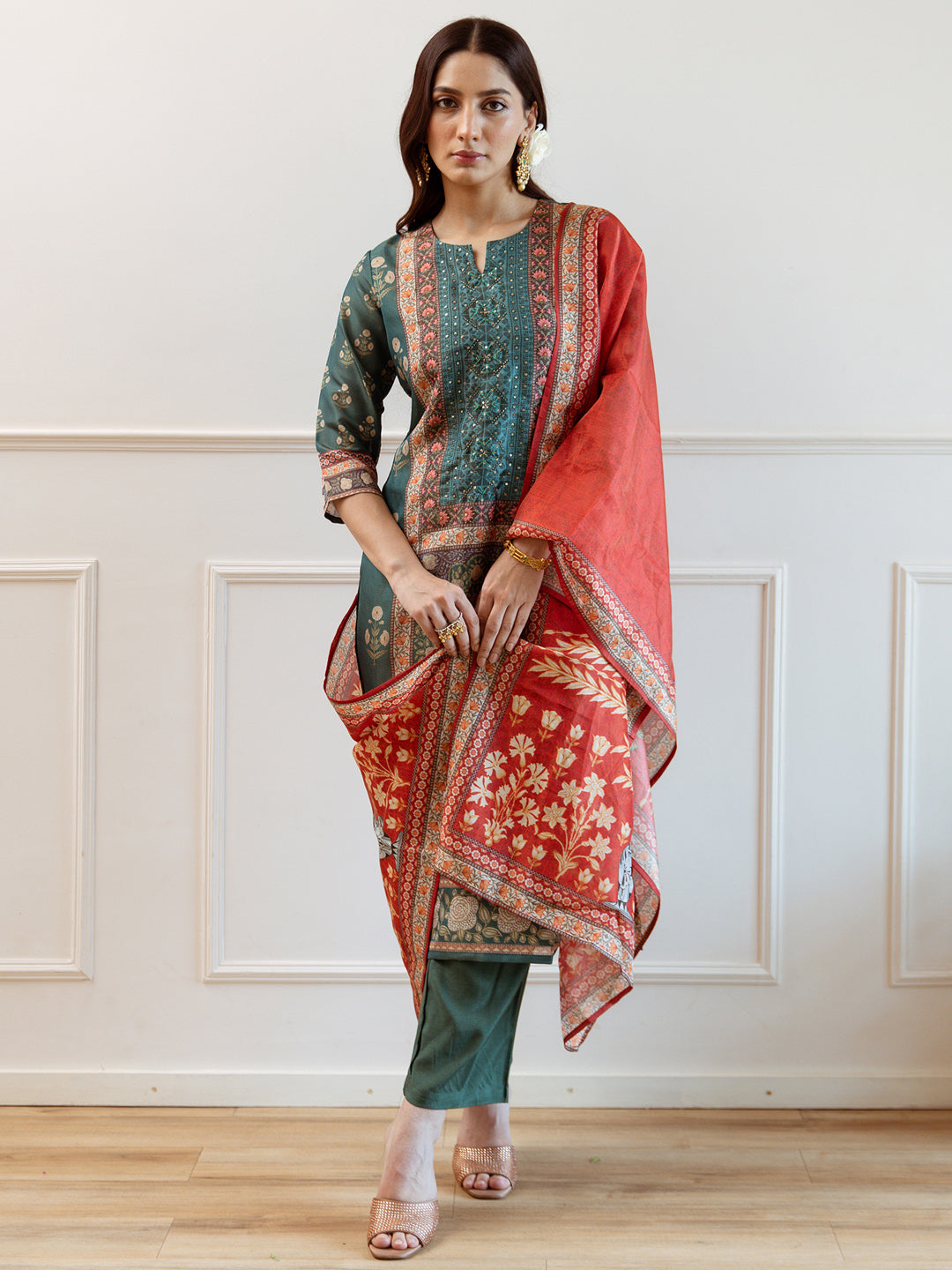 Green Printed Straight Kurta Trousers With Dupatta Set