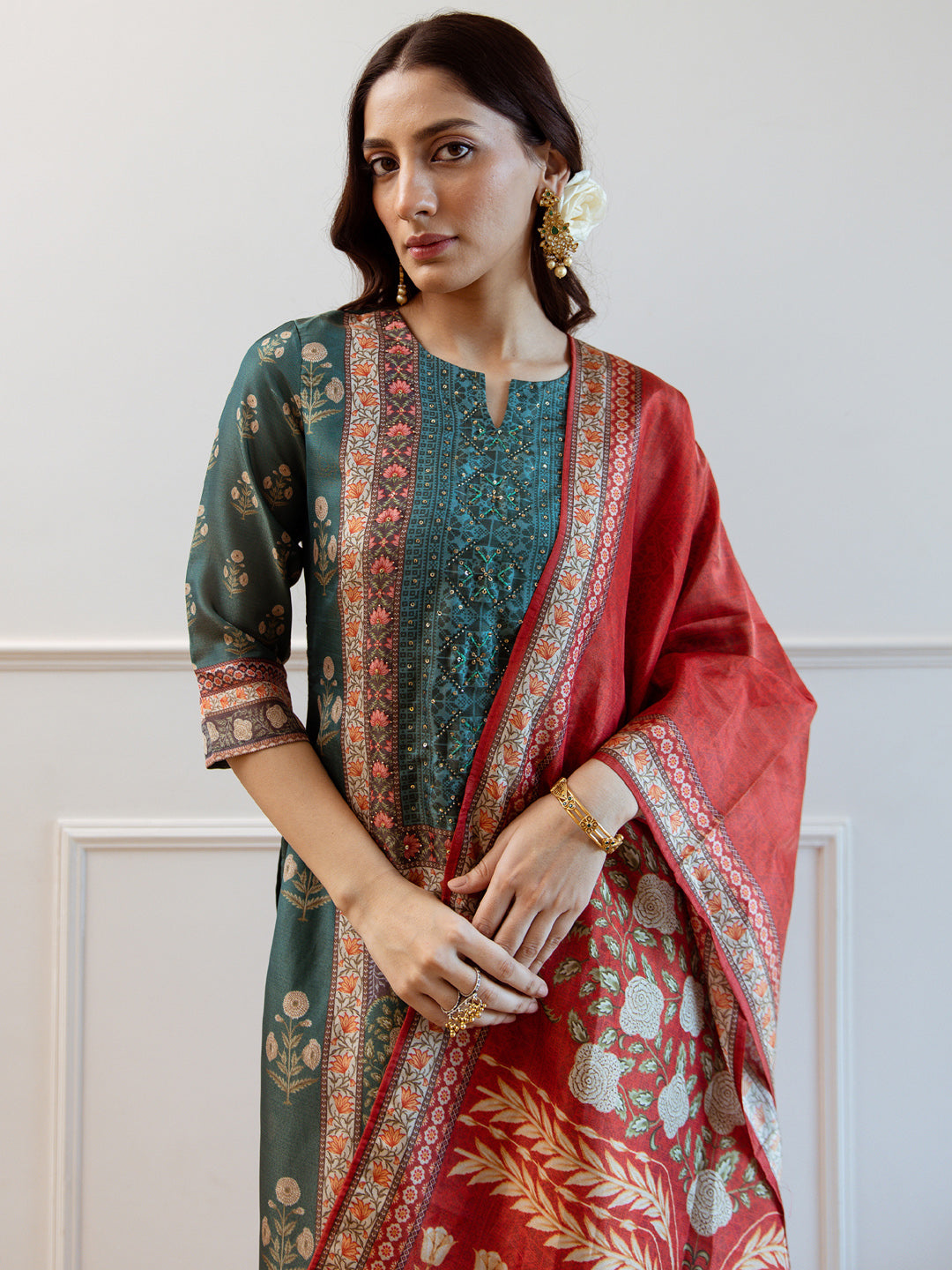Green Printed Straight Kurta Trousers With Dupatta Set