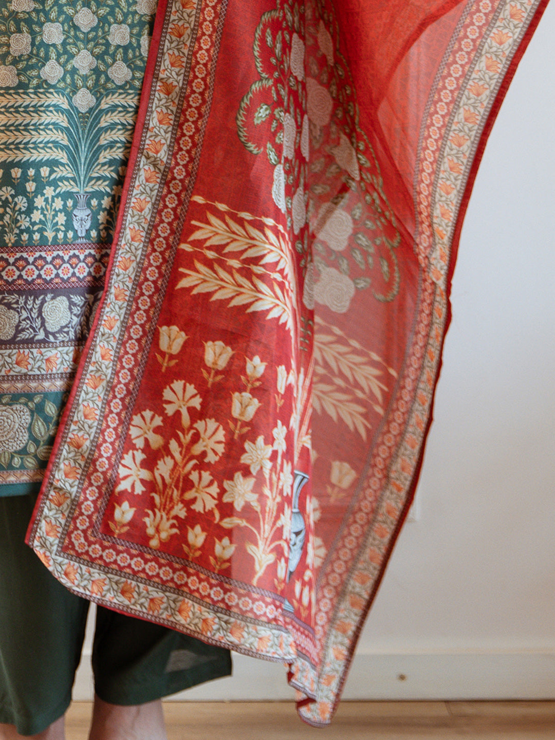 Green Printed Straight Kurta Trousers With Dupatta Set
