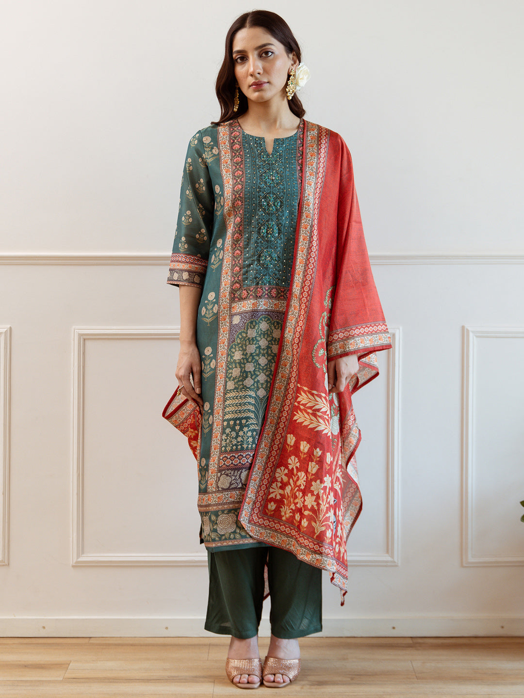 Green Printed Straight Kurta Trousers With Dupatta Set
