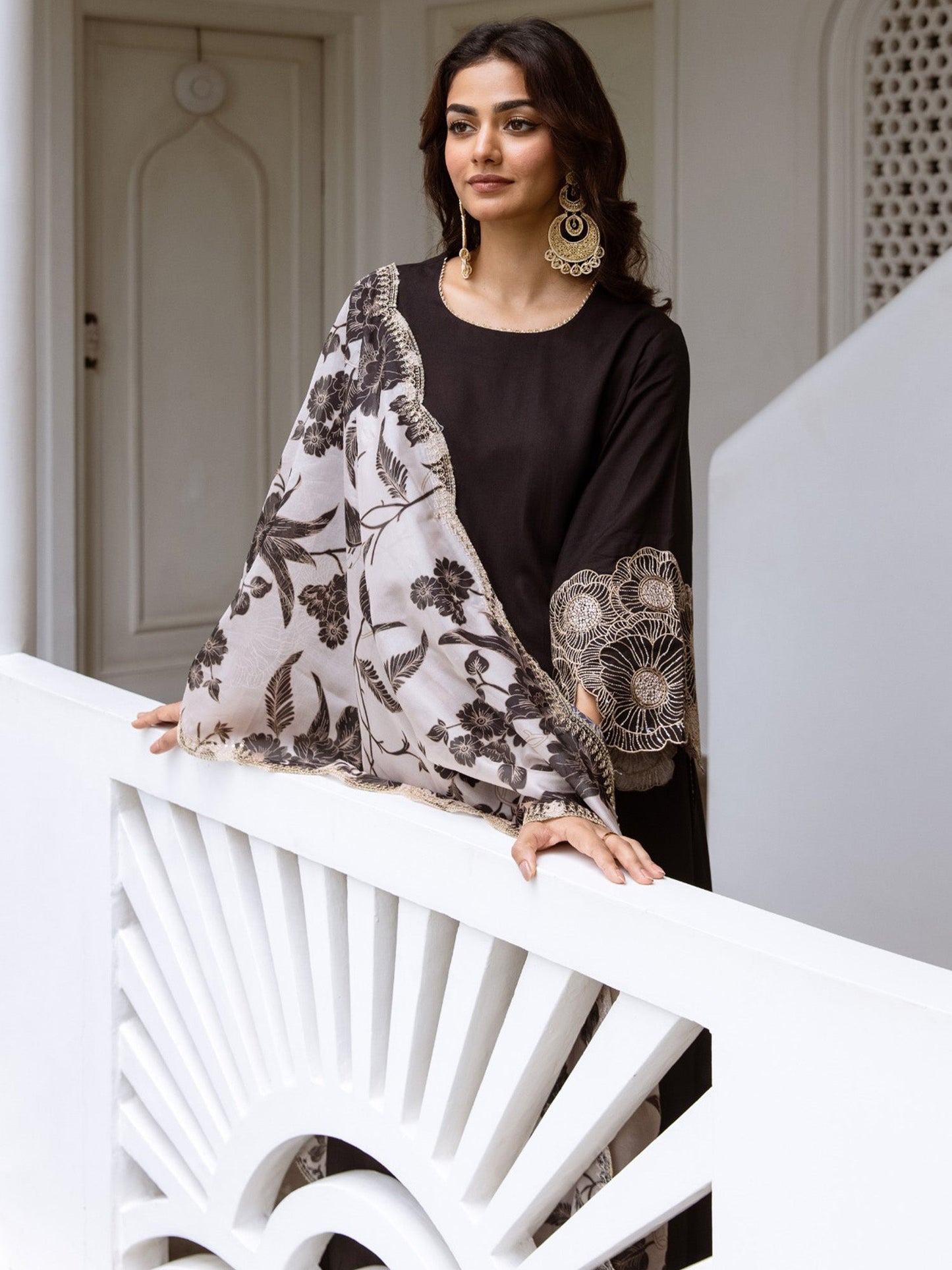 Indo Era Black Solid Straight Kurta Trousers With Dupatta Set