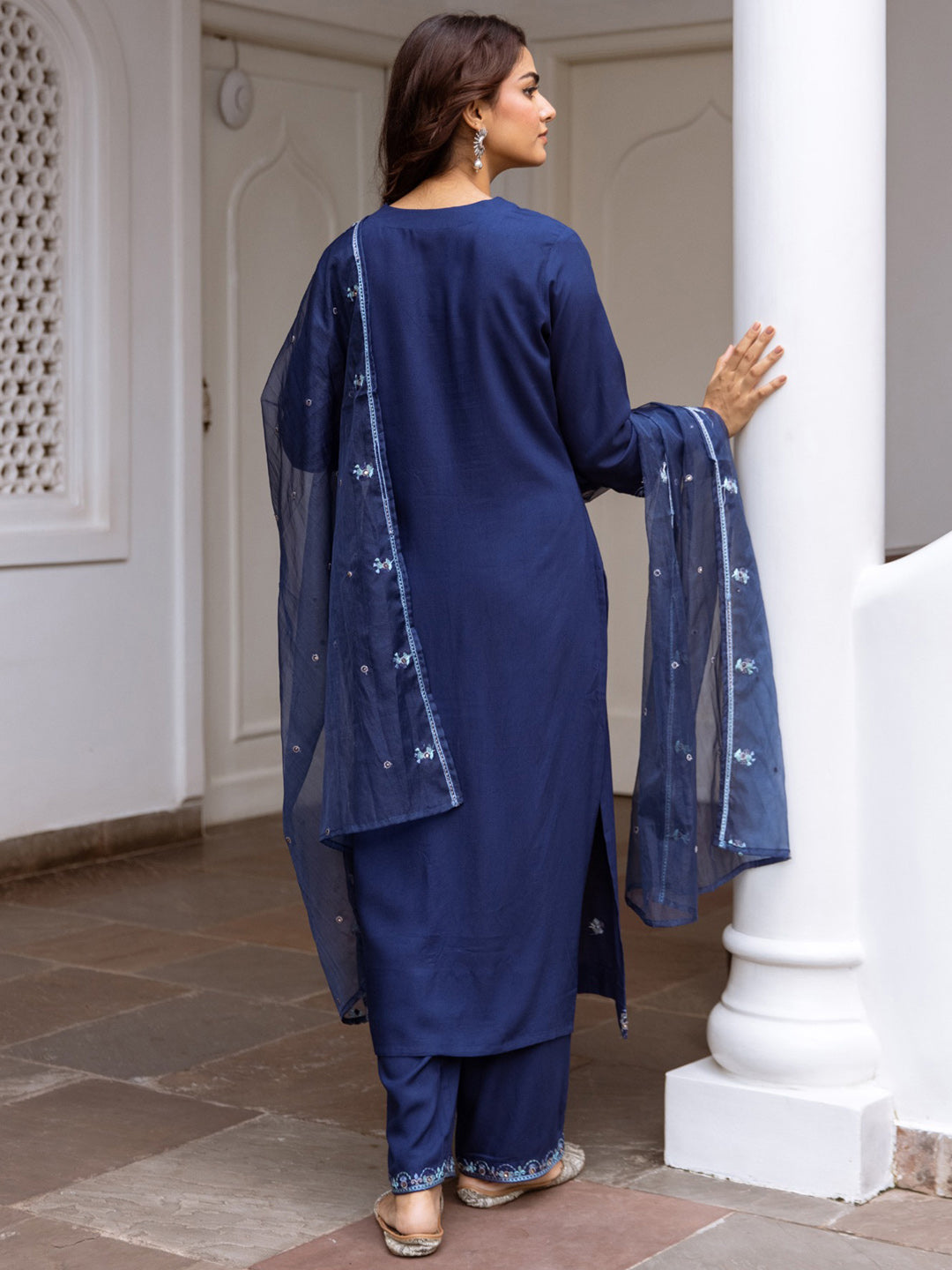 Indo Era Blue Embroidered Straight Kurta Trousers With Dupatta Set