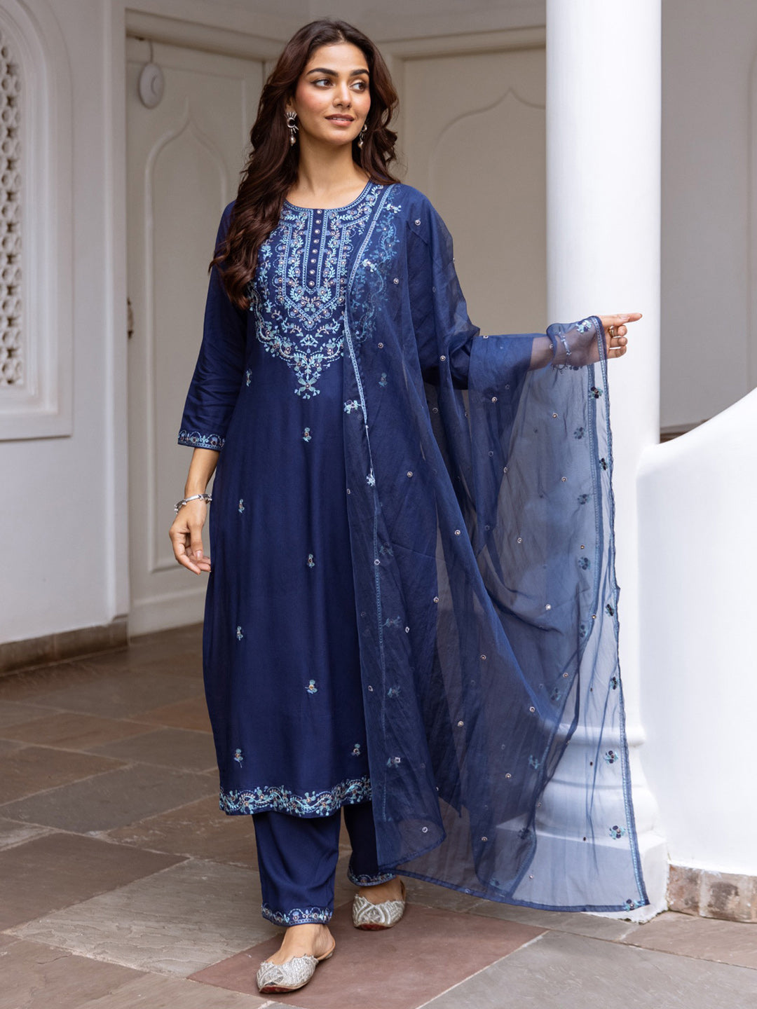 Indo Era Blue Embroidered Straight Kurta Trousers With Dupatta Set