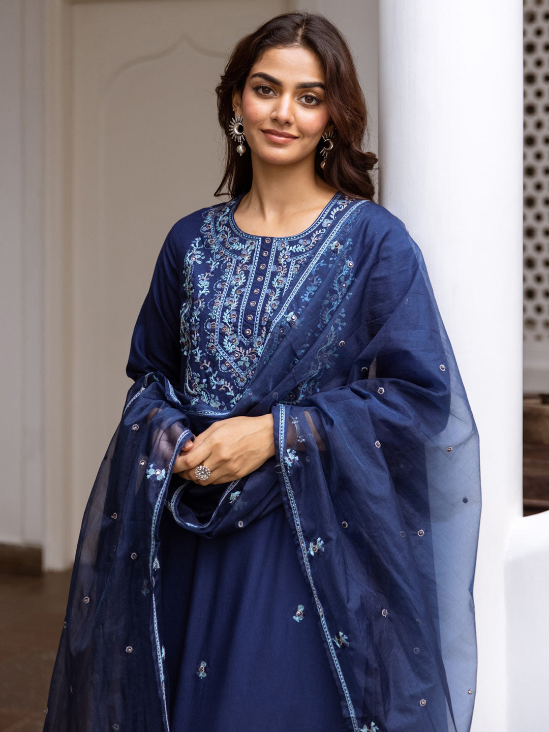 Indo Era Blue Embroidered Straight Kurta Trousers With Dupatta Set