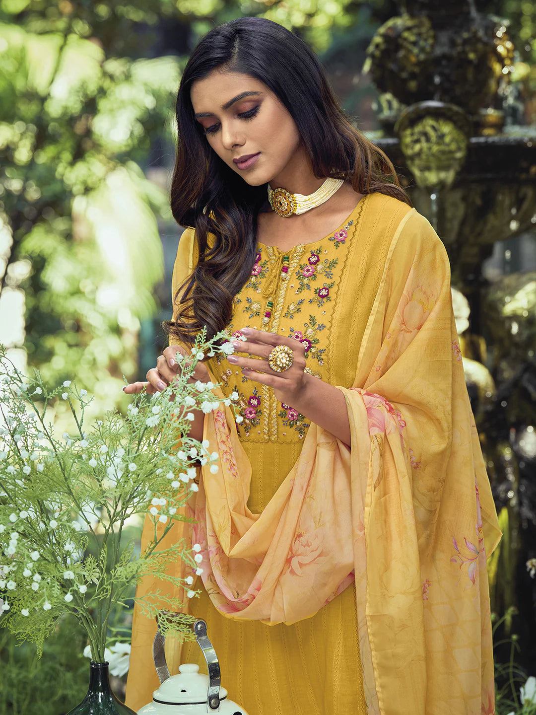 Yellow Yoke Design Thread Work Pure Cotton Kurta With Trousers & Dupatta