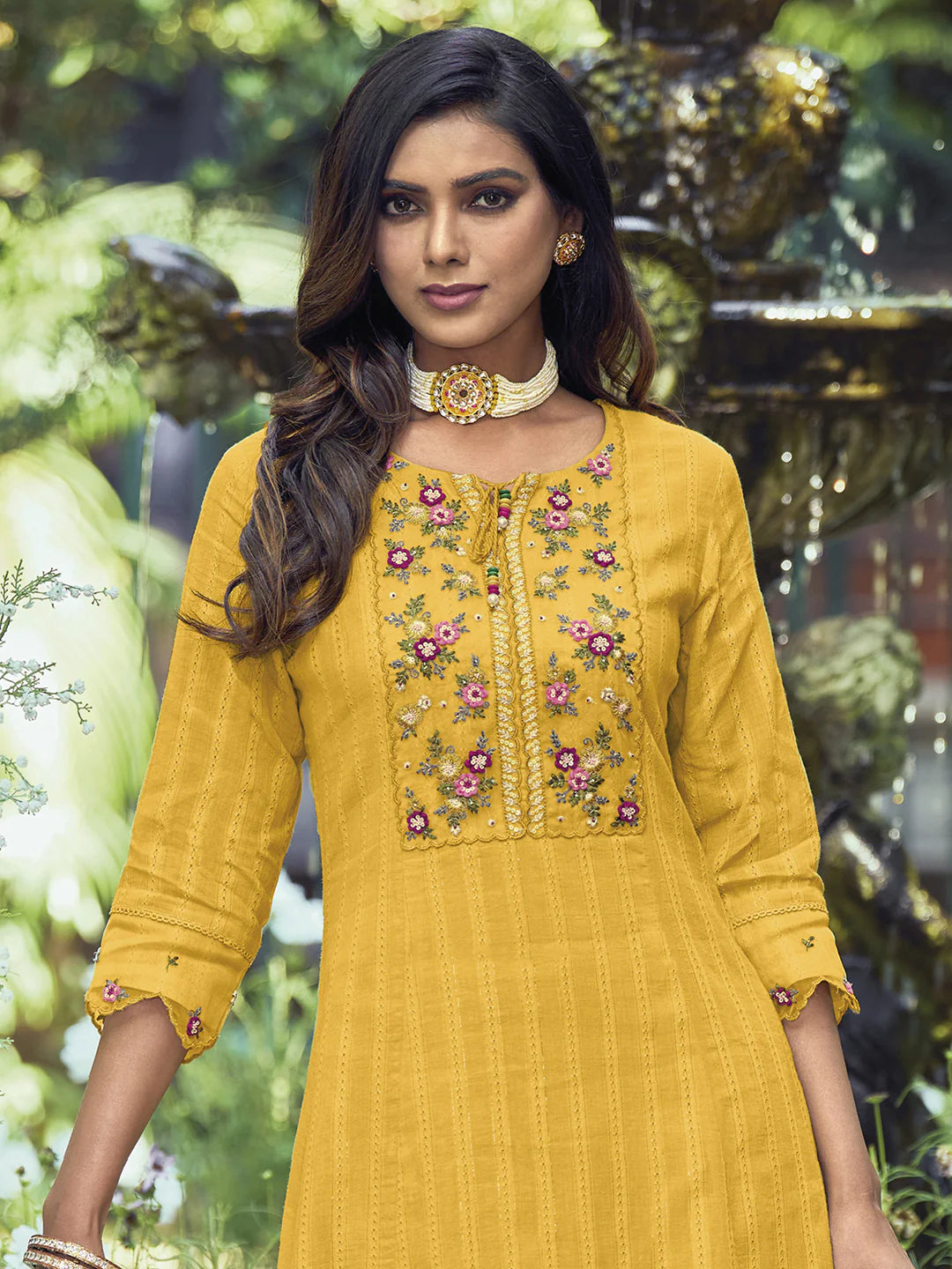 Yellow Yoke Design Thread Work Pure Cotton Kurta With Trousers & Dupatta