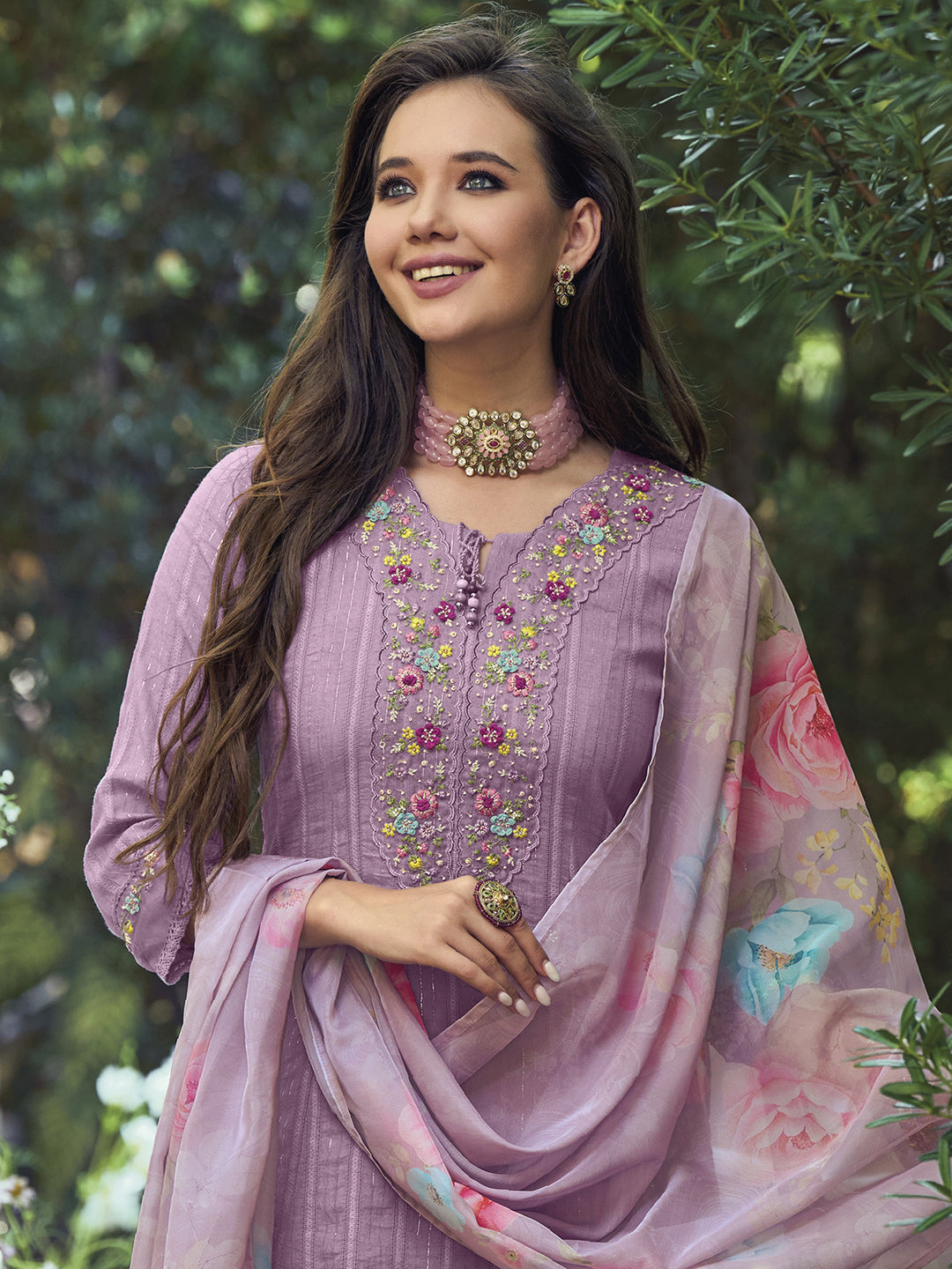 Indo Era Lavender Floral Embroidered Pure Cotton Kurta With Trousers & Dupatta