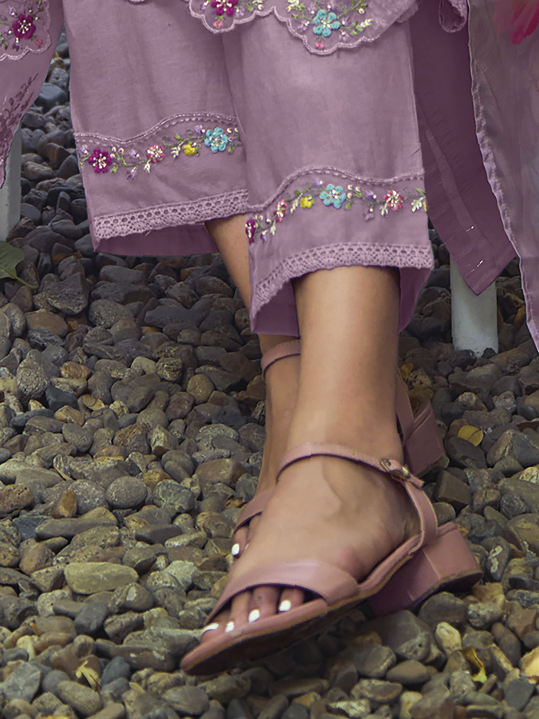 Indo Era Lavender Floral Embroidered Pure Cotton Kurta With Trousers & Dupatta