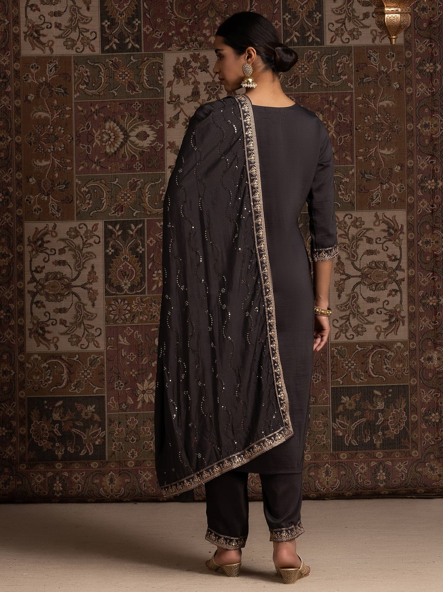 Indo Era Grey Floral Embroidered Regular Sequinned Kurta With Trousers & Dupatta