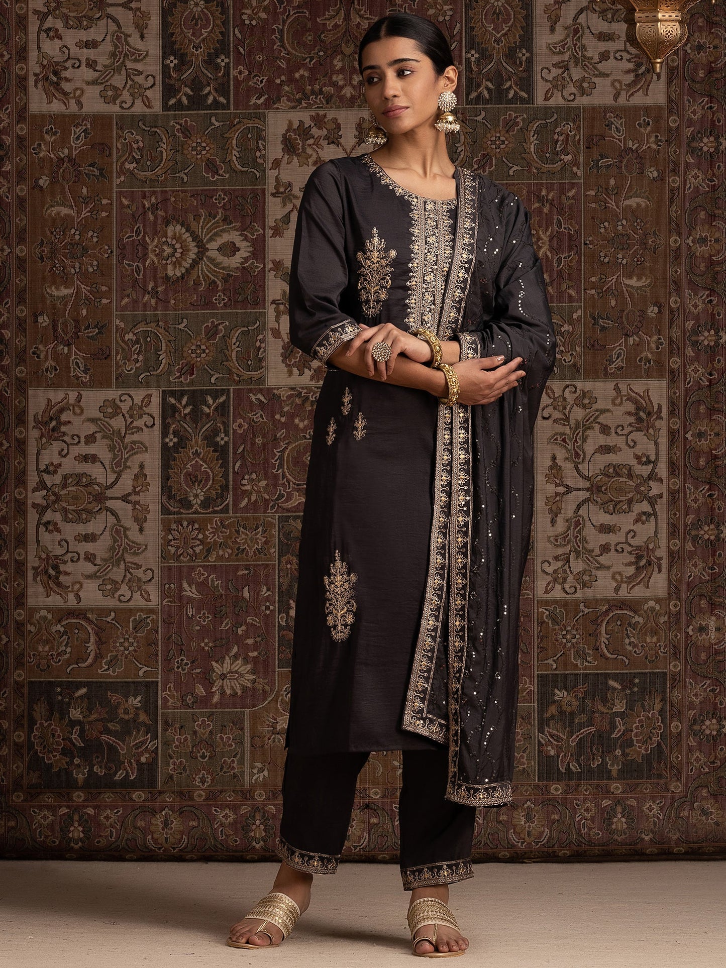 Indo Era Grey Floral Embroidered Regular Sequinned Kurta With Trousers & Dupatta