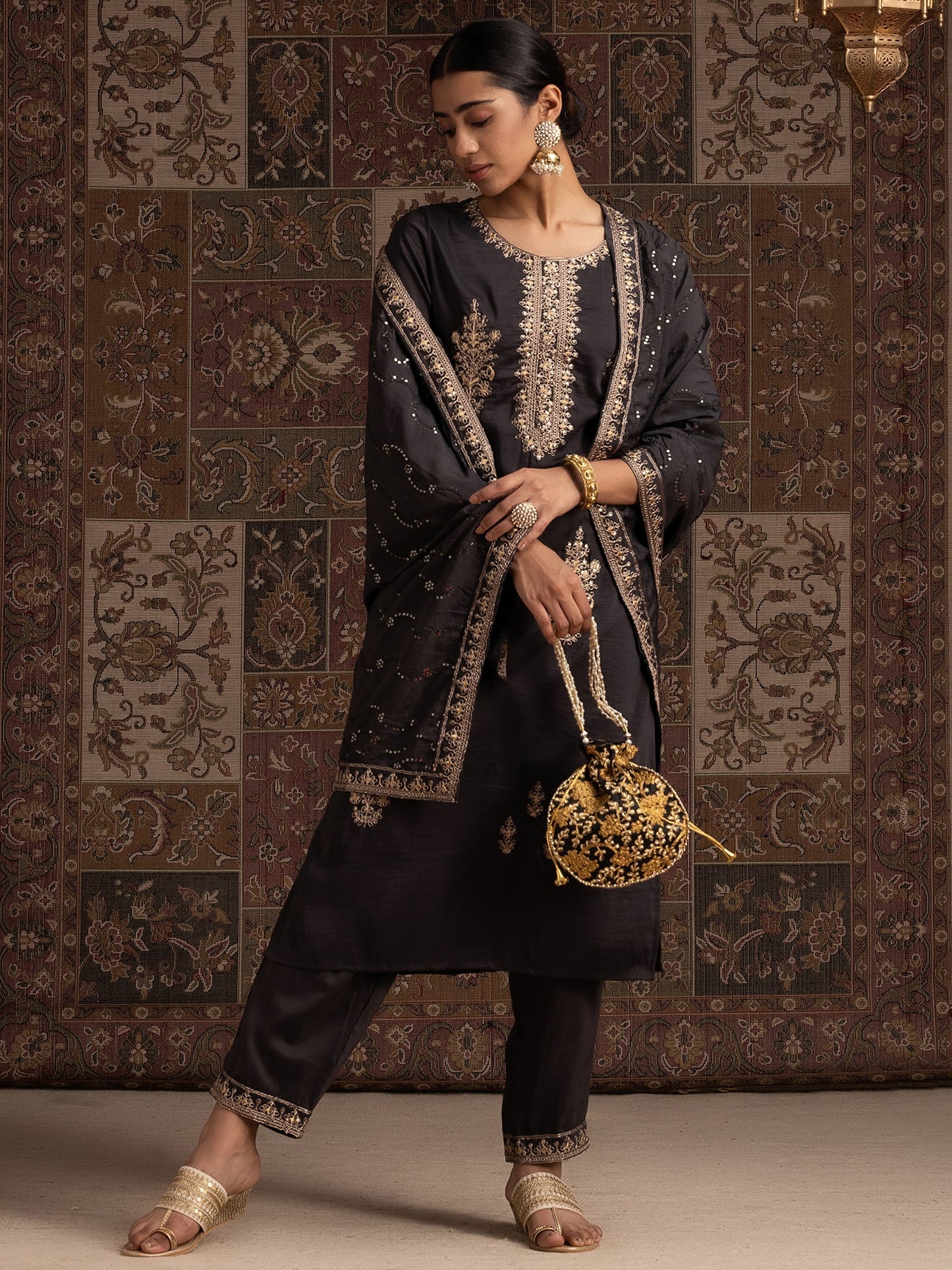 Indo Era Grey Floral Embroidered Regular Sequinned Kurta With Trousers & Dupatta