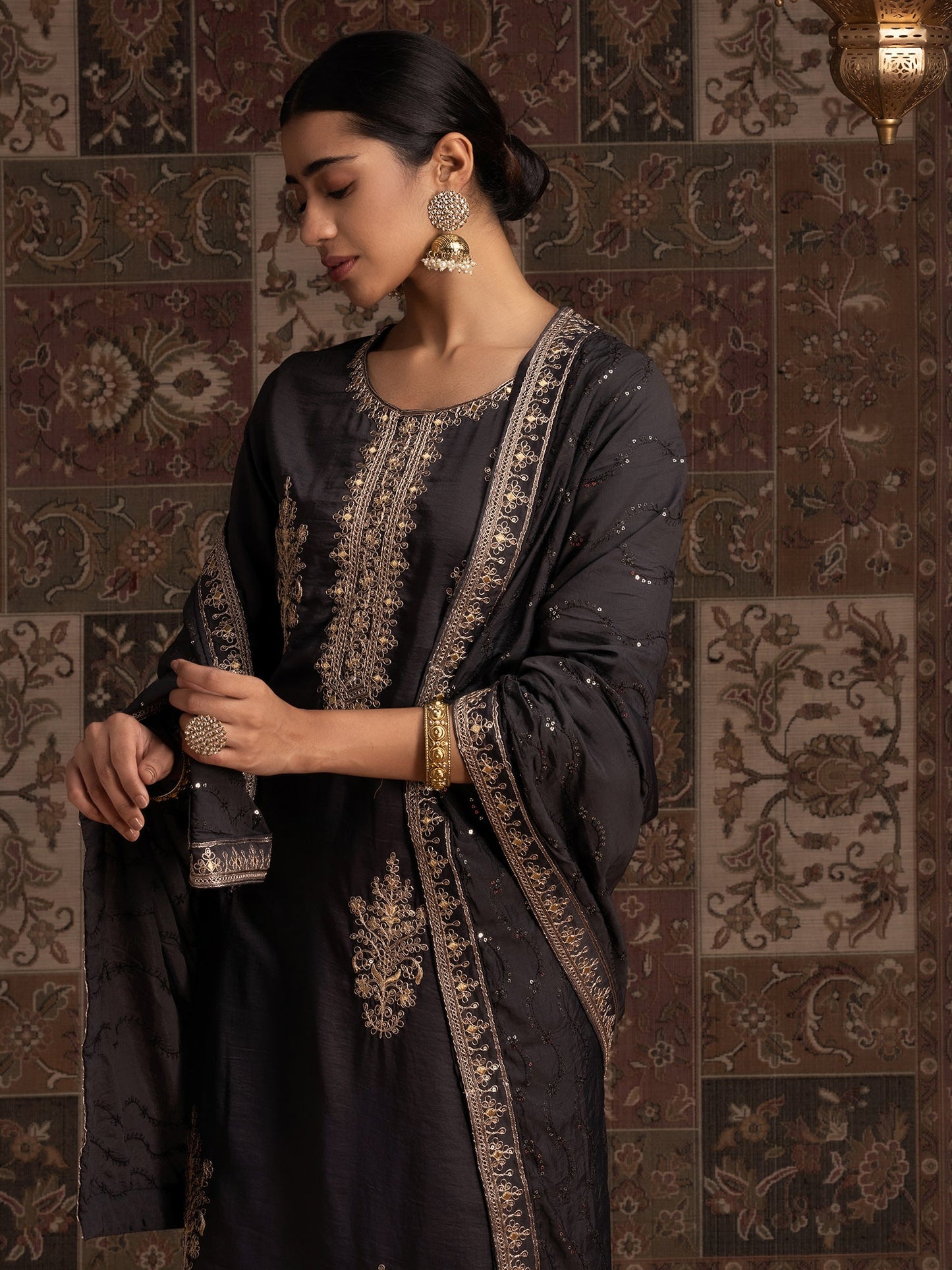 Indo Era Grey Floral Embroidered Regular Sequinned Kurta With Trousers & Dupatta