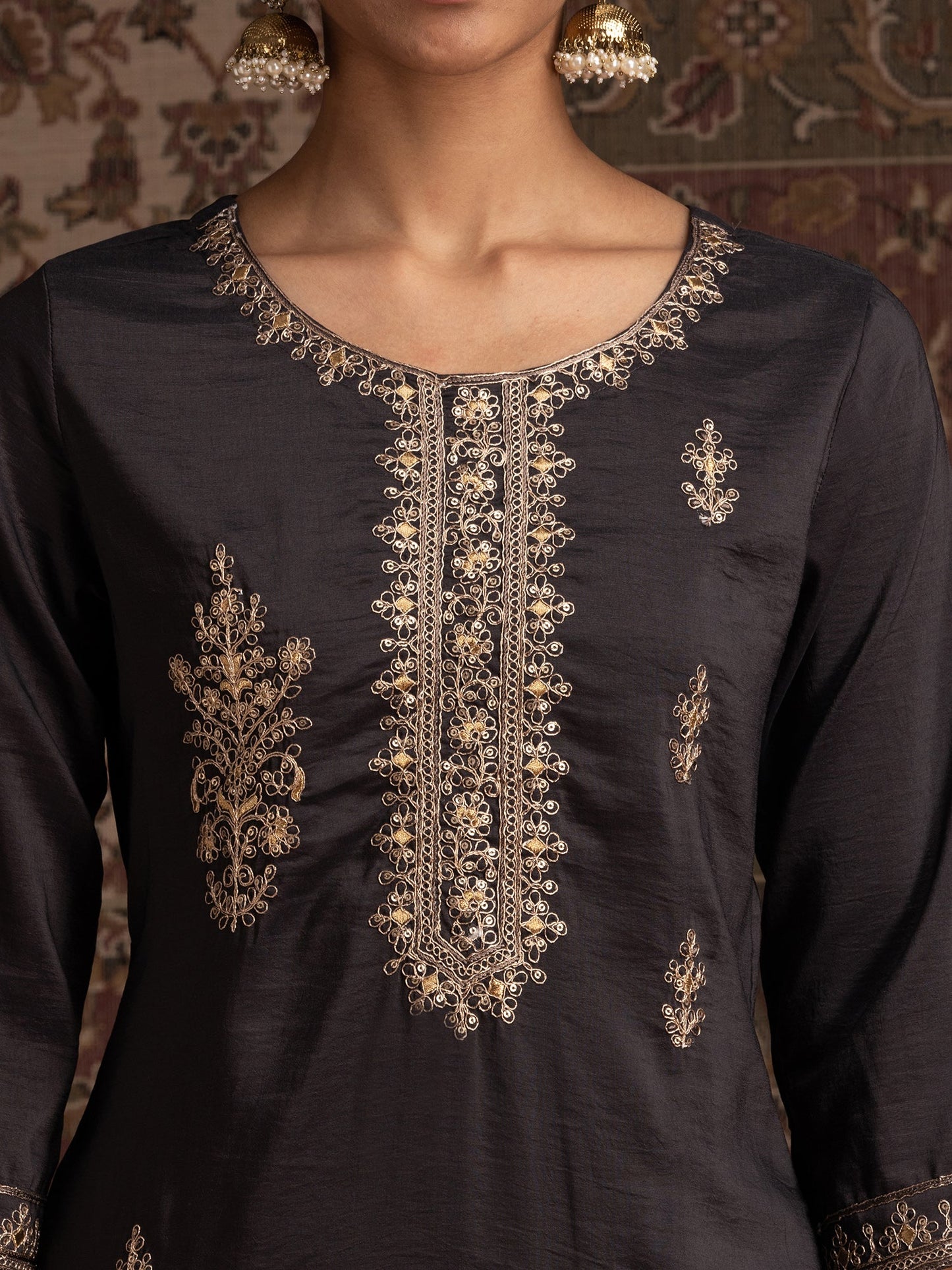 Indo Era Grey Floral Embroidered Regular Sequinned Kurta With Trousers & Dupatta