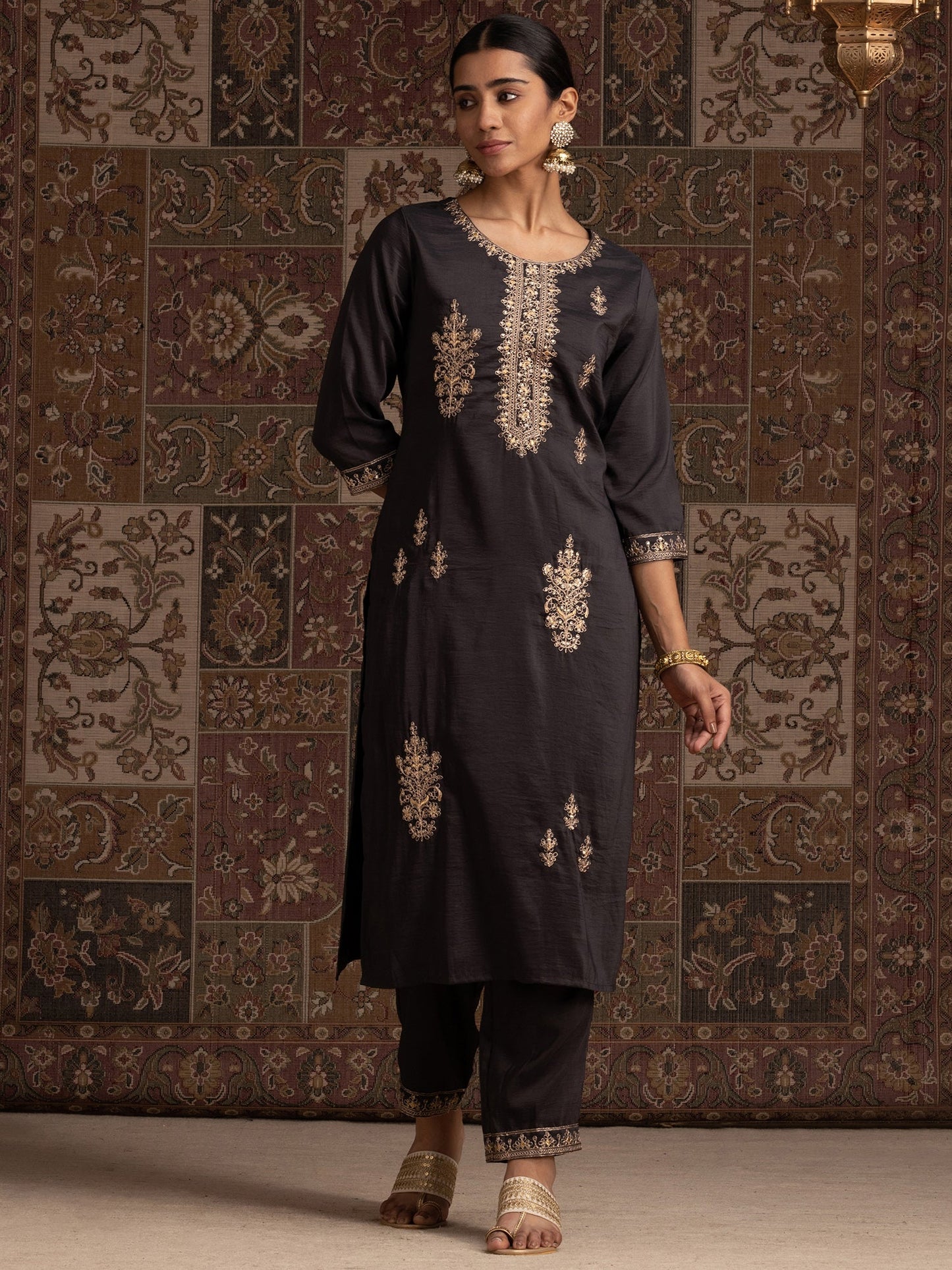 Indo Era Grey Floral Embroidered Regular Sequinned Kurta With Trousers & Dupatta