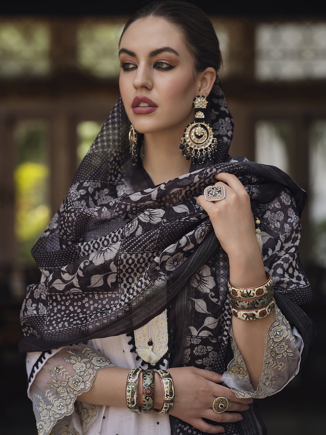 Indo Era Cream Embroidered Straight Kurta Trousers With Dupatta Set