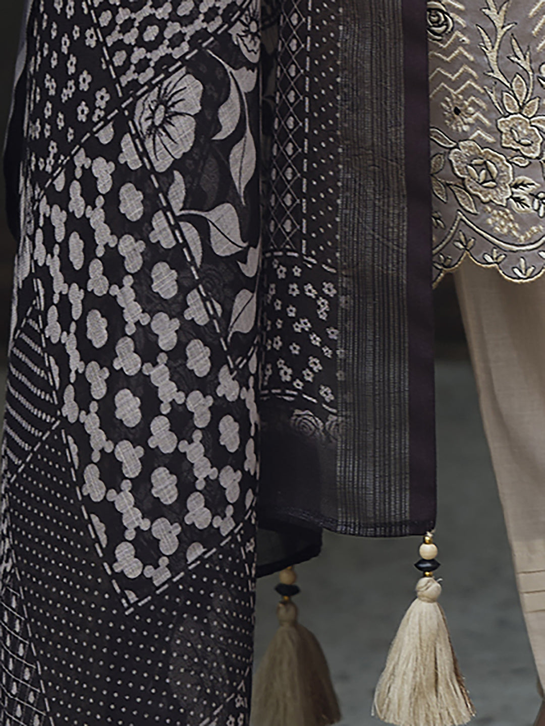 Indo Era Cream Embroidered Straight Kurta Trousers With Dupatta Set