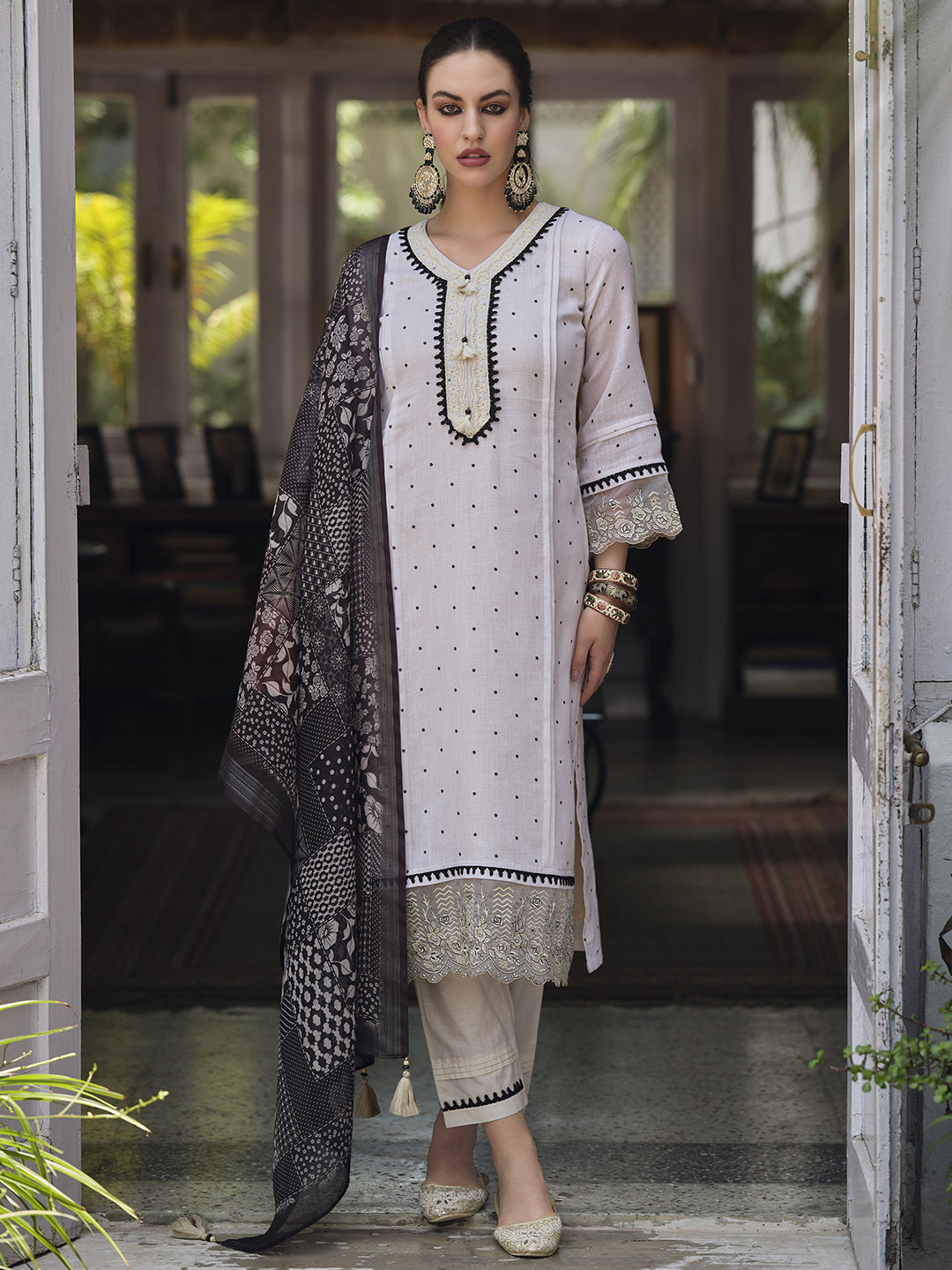 Indo Era Cream Embroidered Straight Kurta Trousers With Dupatta Set