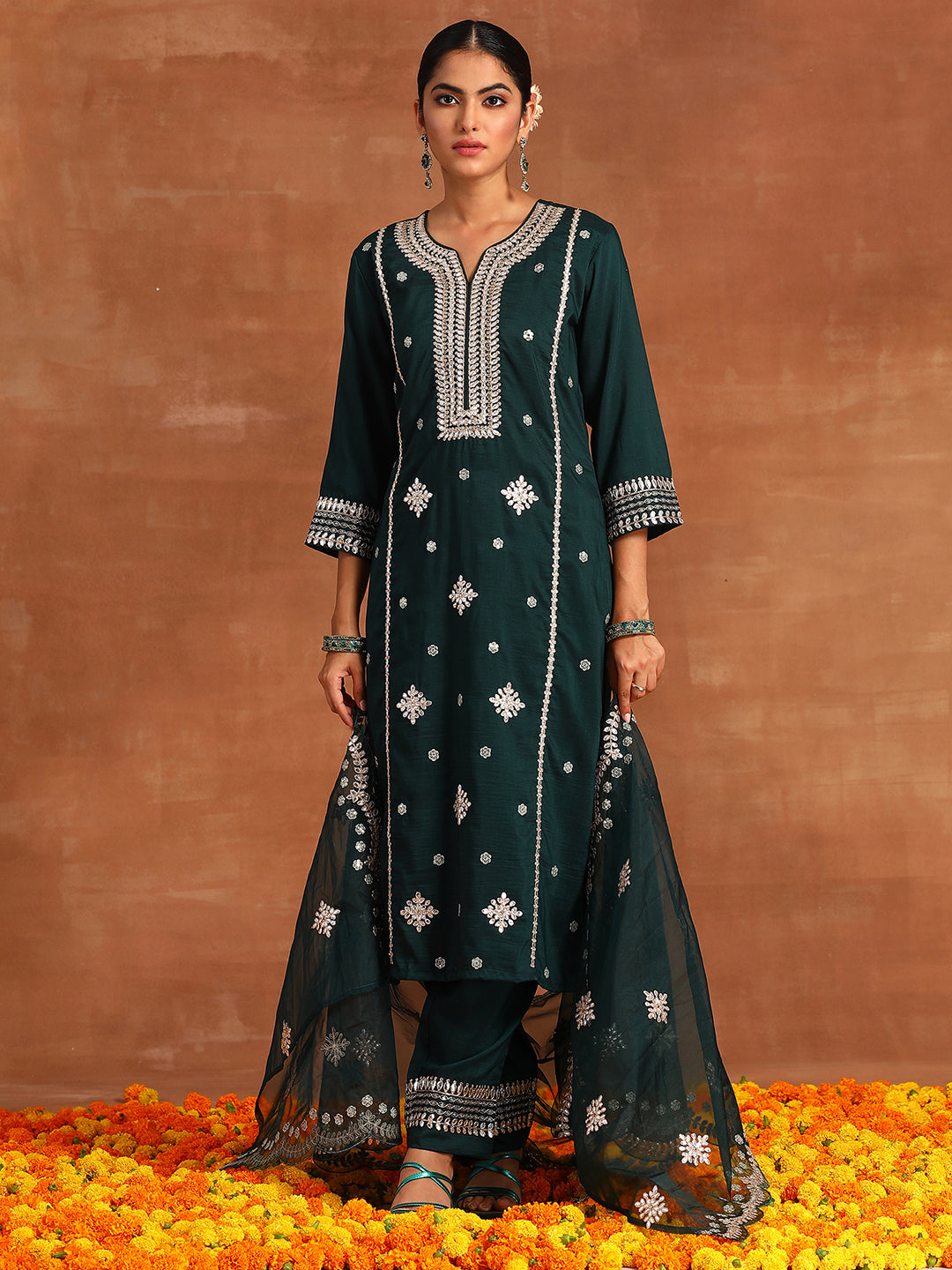 Indo Era Green Embroidered Straight Kurta Trousers With Dupatta Set