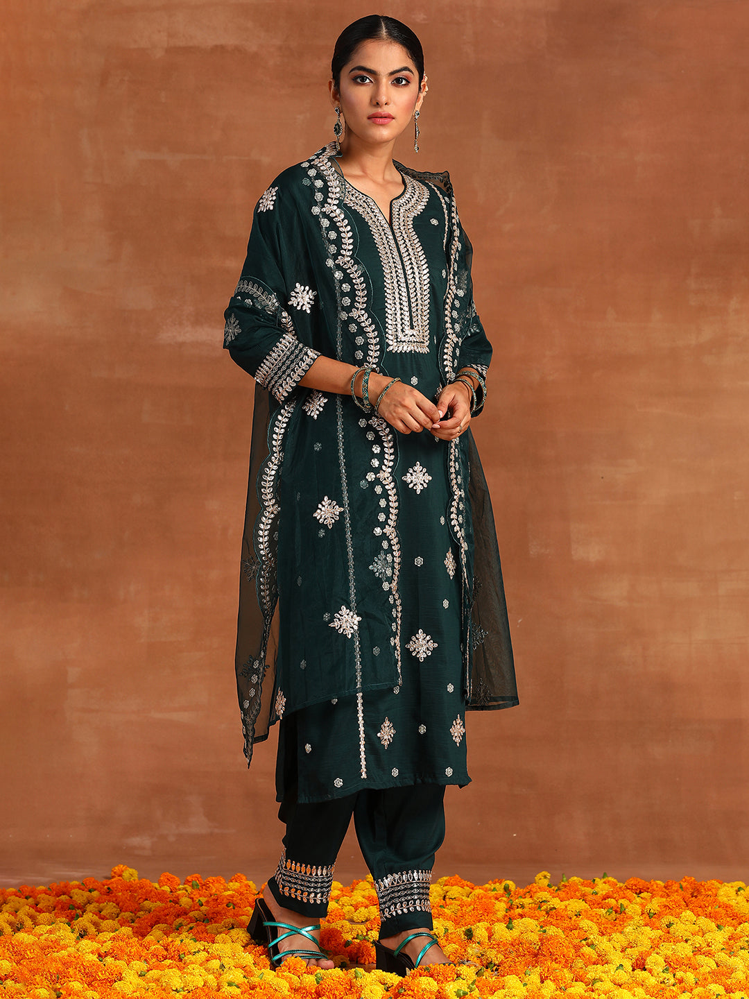Indo Era Green Embroidered Straight Kurta Trousers With Dupatta Set