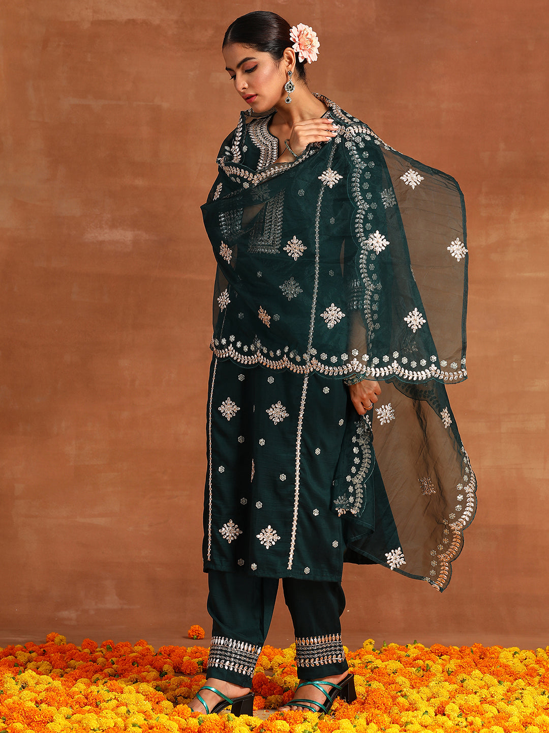 Indo Era Green Embroidered Straight Kurta Trousers With Dupatta Set