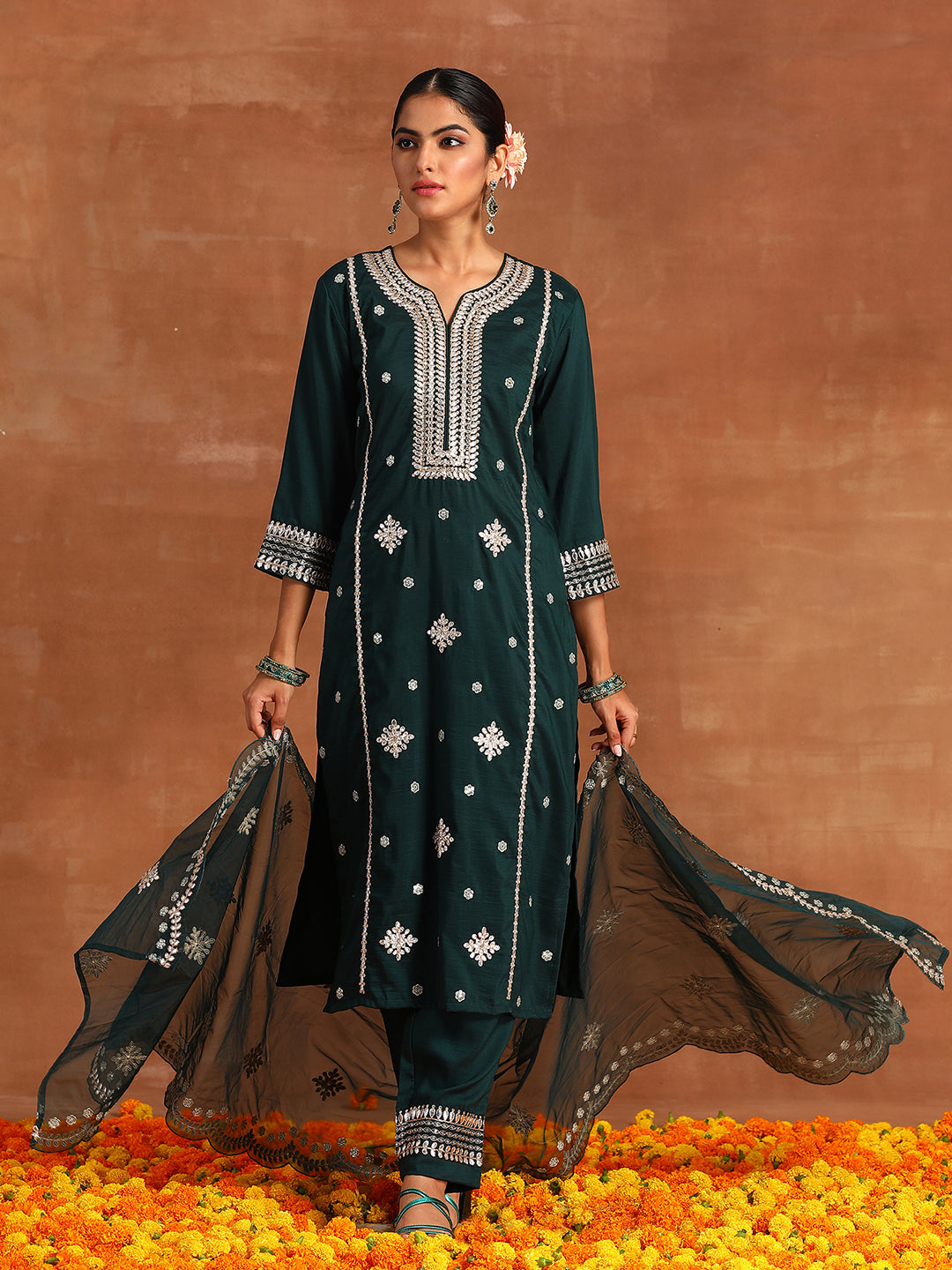 Indo Era Green Embroidered Straight Kurta Trousers With Dupatta Set
